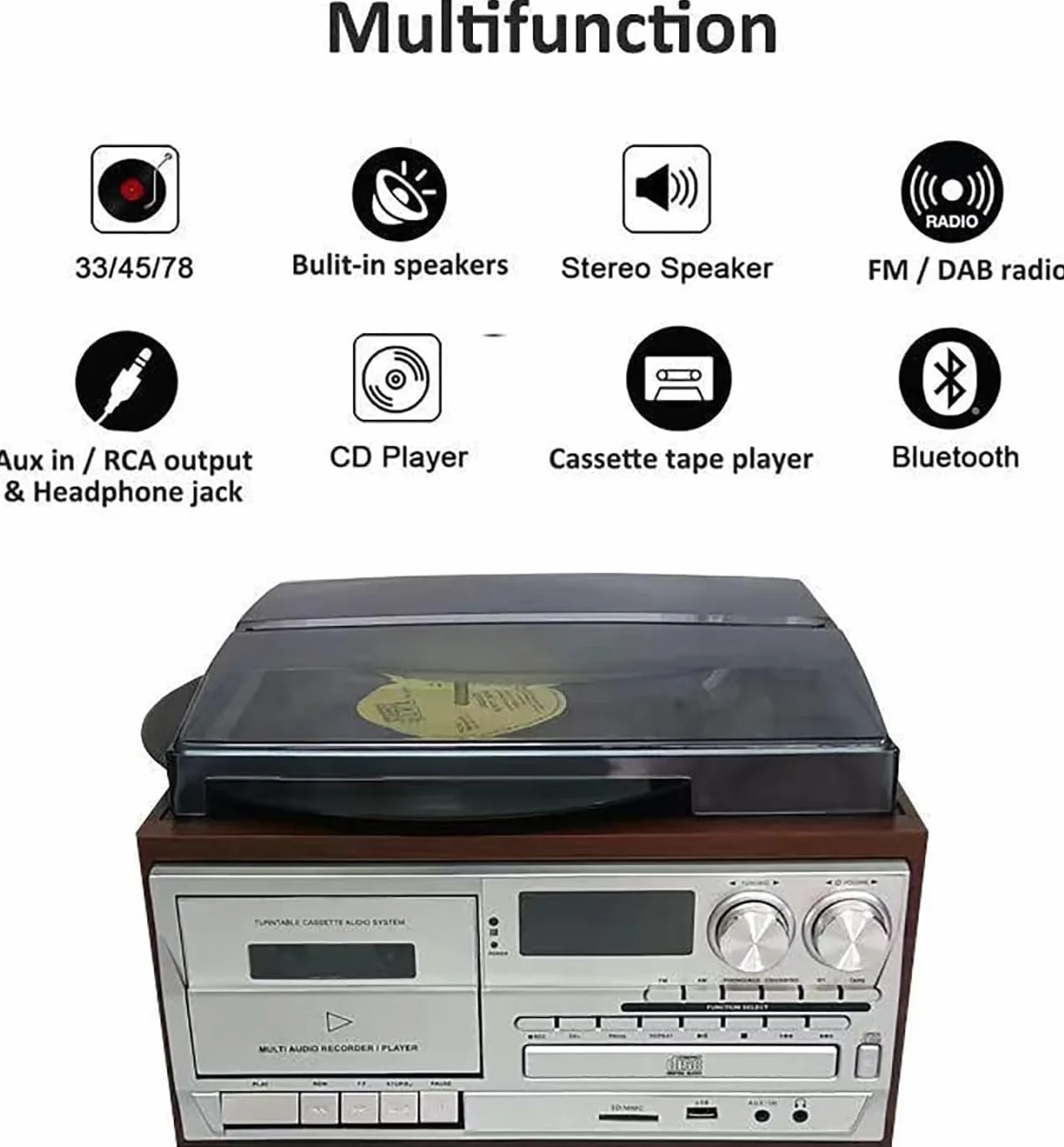 Odtwarzacz CD, Kasetowy I Bluetooth 10 W 1, Retro Gramofon Z Pilotem, Wbudowanymi Głośnikami, USB/SD, Wejściem Aux Wyjściem Liniowym RCA, 3-prędkościowy, Do Biura Rozrywki(Light brown)