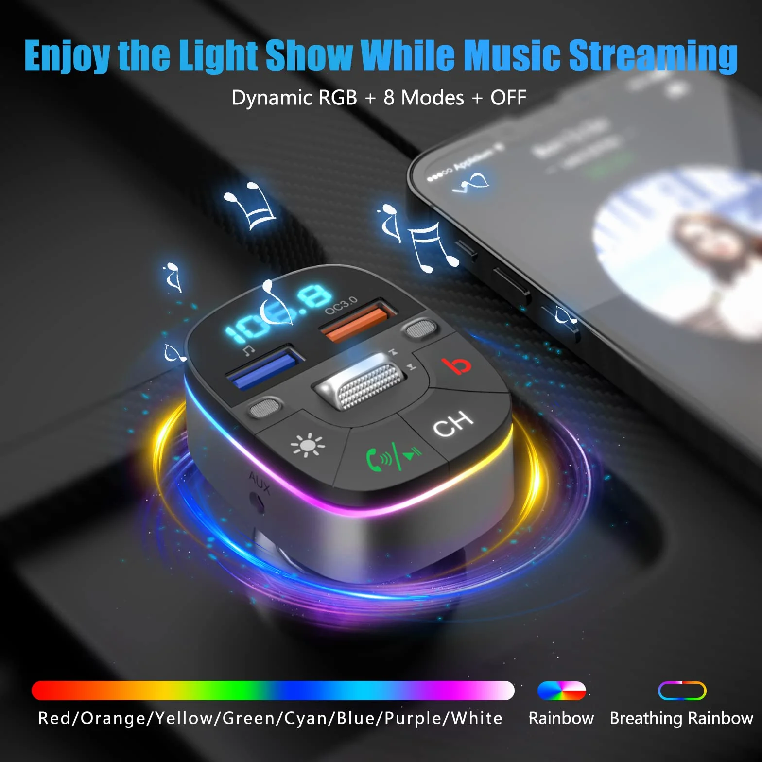 LENCENT 5.0 Samochodu Nadajnik FM Bluetooth, Bezprzewodowy Adapter Radiowy z QC3.0 ładowarka Fast USB, Adapter Radiowy Bluetooth AUX, Zestaw Głośnomówiący, MP3, Obsługuje dysk U, Kolorowe światło