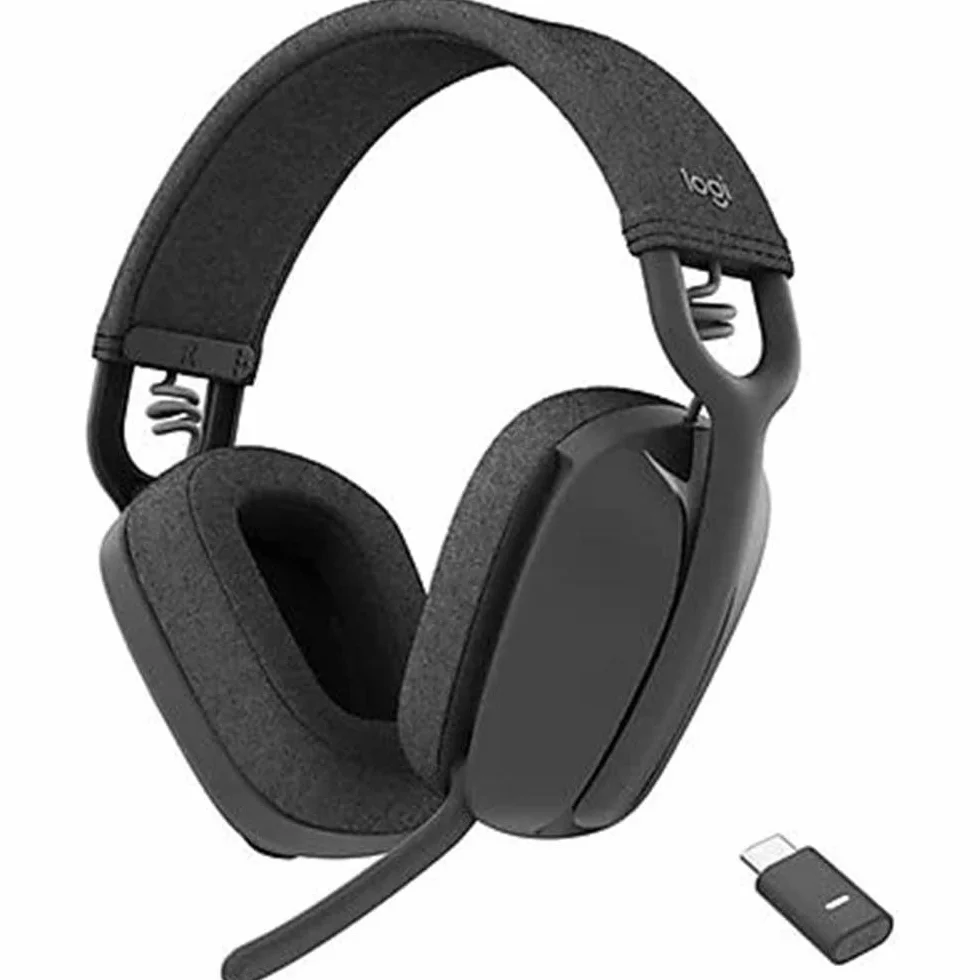 Bezprzewodowe słuchawki Logitech Zone Vibe Bluetooth z mikrofonem z redukcją szumów tła, USB-A, USB-C dla Google Meet, Google Voice, Zoom, Mac/PC, Grafitowy