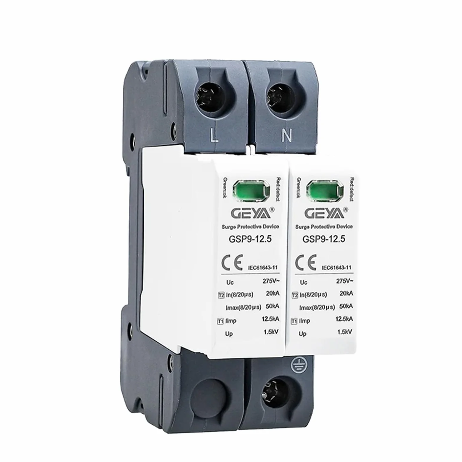 GEYA Ochrona przeciwprzepięciowa SPD Zabezpieczenie przeciwprzepięciowe do domu szynowego DIN 12.5KA T1+T2 Class 50KA(2P,AC275V)