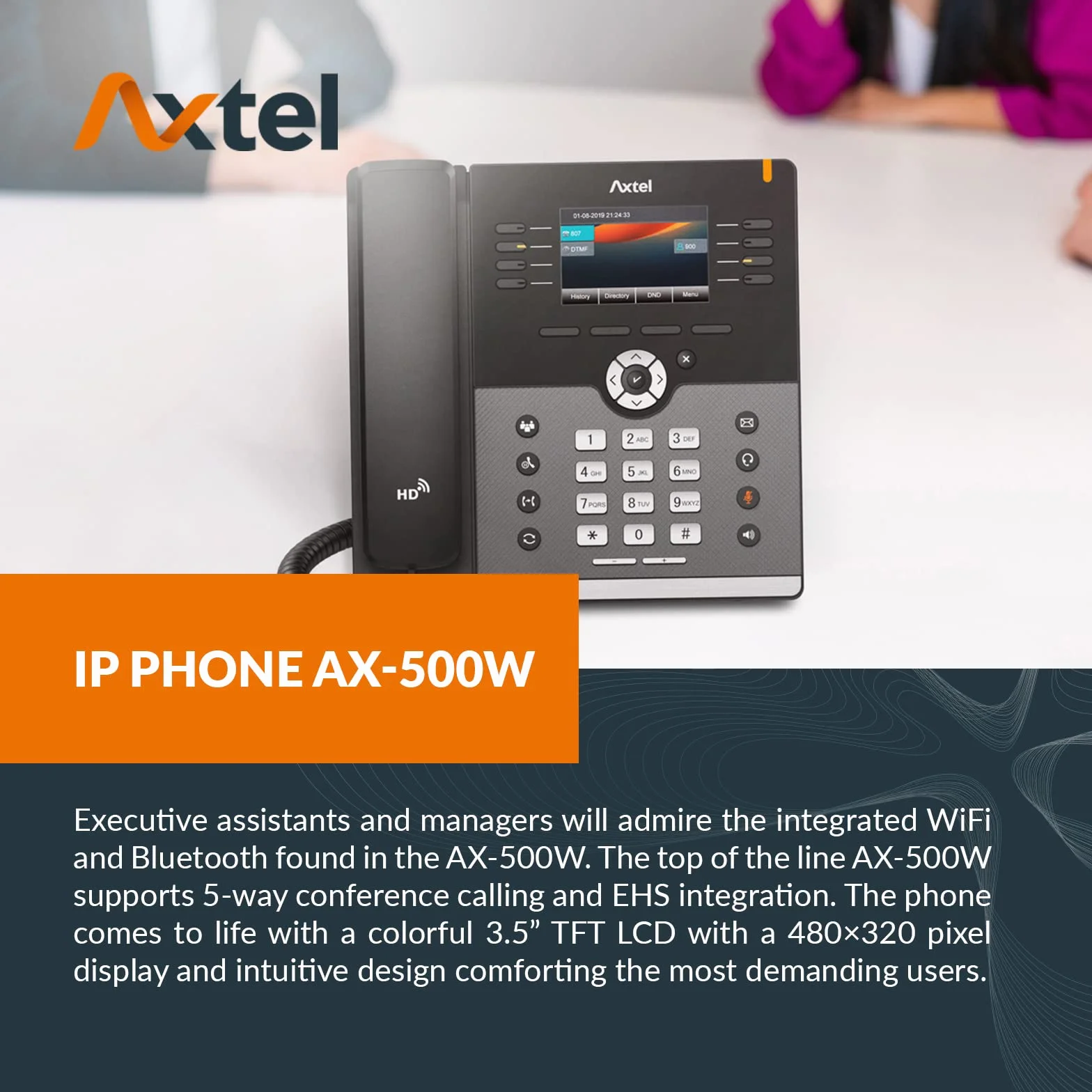 HEADSETS, IP-Telefon AX-500W, Enterprise HD, WiFi/Bluetooth IP Phone, Bis zu 12 SIP-Konten, 5-Wege-Konferenzen, Voicemail, Paging, 5’’ 480×320 Farbdisplay mit, Kundenservice