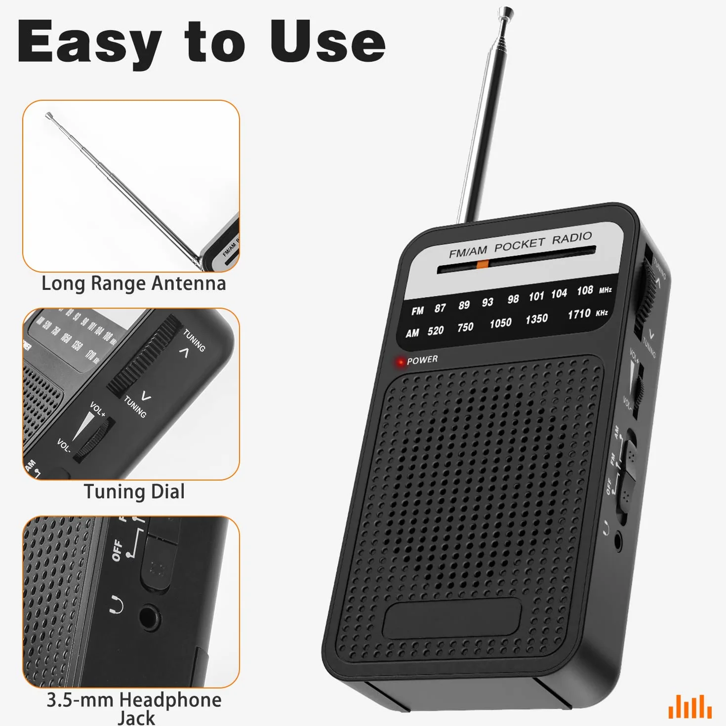 Przenośne Radio FM/AM DSP 360° Teleskopowa Antena 16,5 Cali Głośnik Stereo 3,5mm Awaryjne Czarne