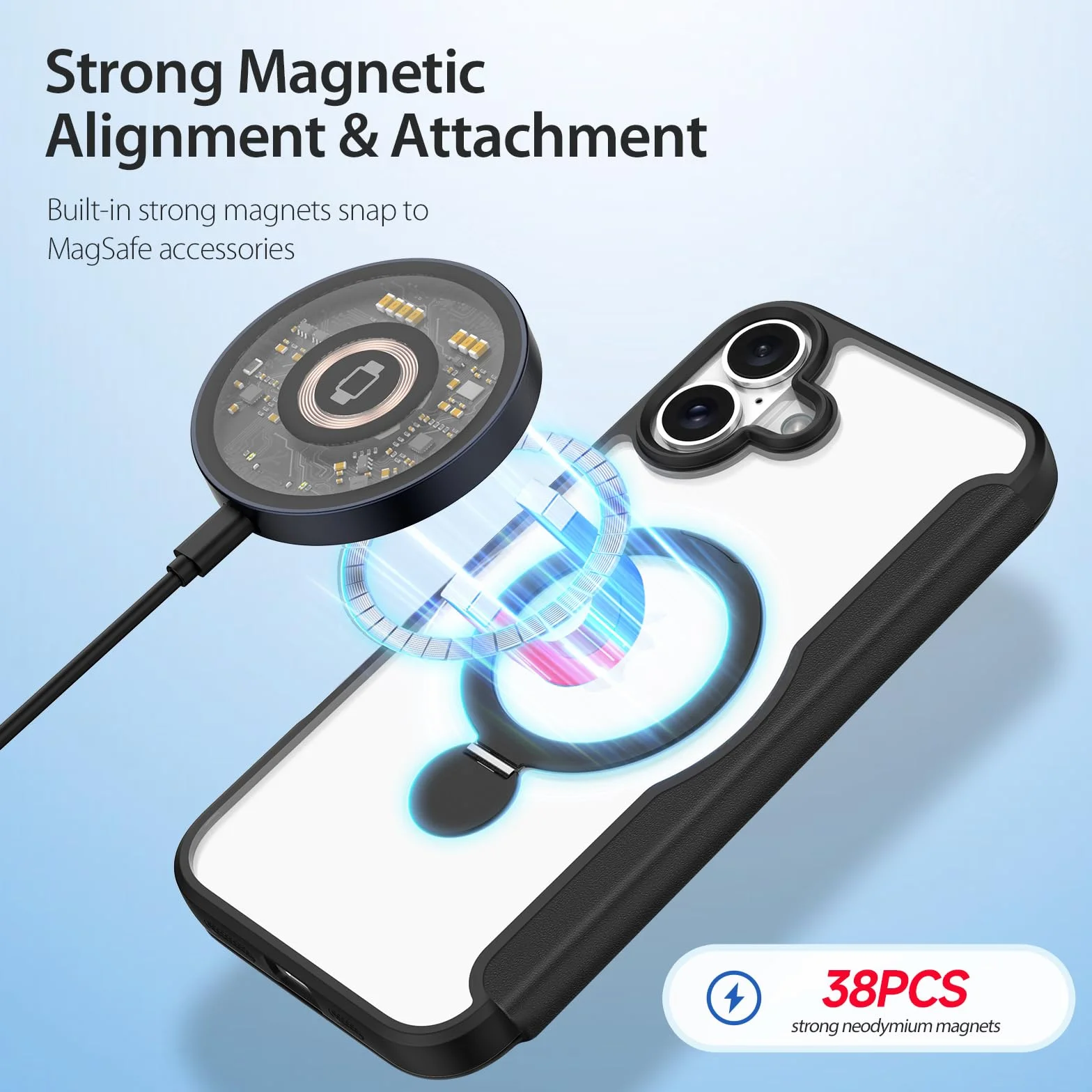 DUX DUCIS Magnetyczne etui do iPhone'a 16, kompatybilne z MagSafe, stojak magnetyczny obracany o 360°, wysokiej jakości skóra PU, etui z klapką z blokadą RFID, przezroczyste, odporne na wstrząsy etui