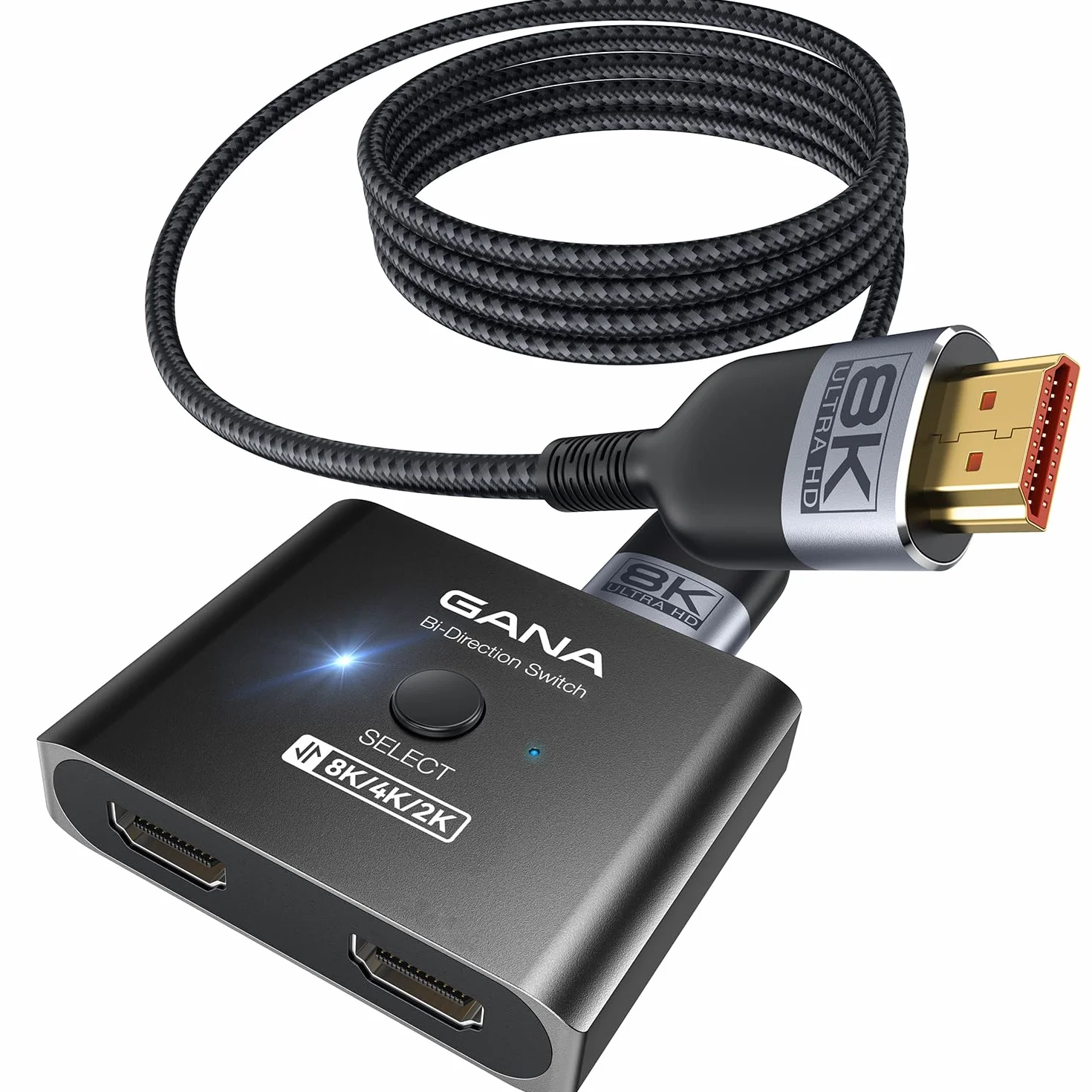 GANA Przełącznik HDMI 2.1, Ultra HD 8K dwukierunkowy rozdzielacz HDMI obsługuje 4K przy 120 Hz, 8K przy 60 Hz 【z kablem HDMI 4,9 FT】, aluminiowy selektor HDMI do PS5/PS4, Xbox, Roku, TV, Fire Stick