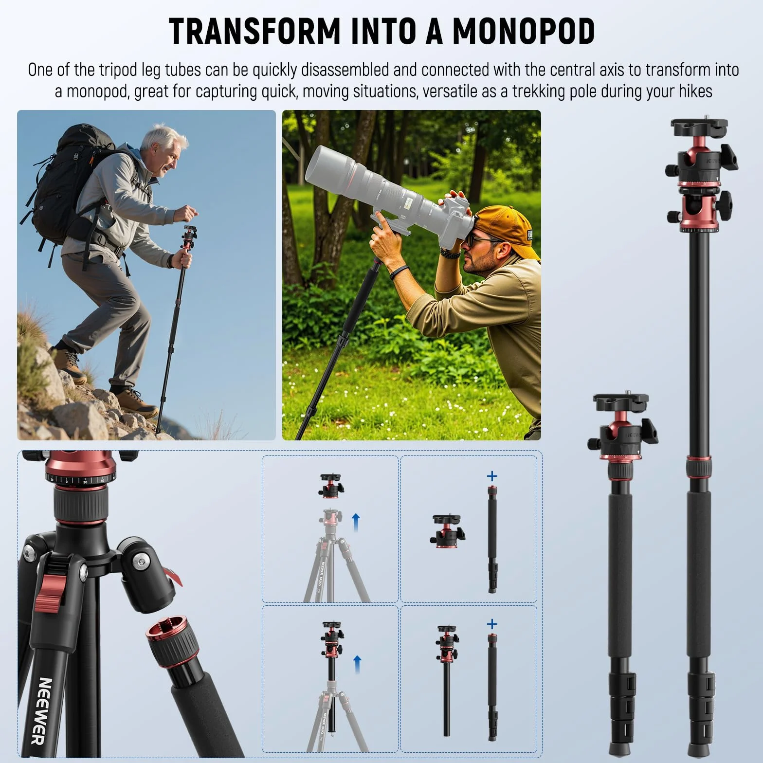 NEEWER BASICS 180.1 cm statyw monopod z kolumną środkową i głowicą kulową, stojak do szybkiego zwalniania lustrzanki cyfrowej, kompatybilny z nagrywaniem wideo w podróży przez telefon, maksymalne