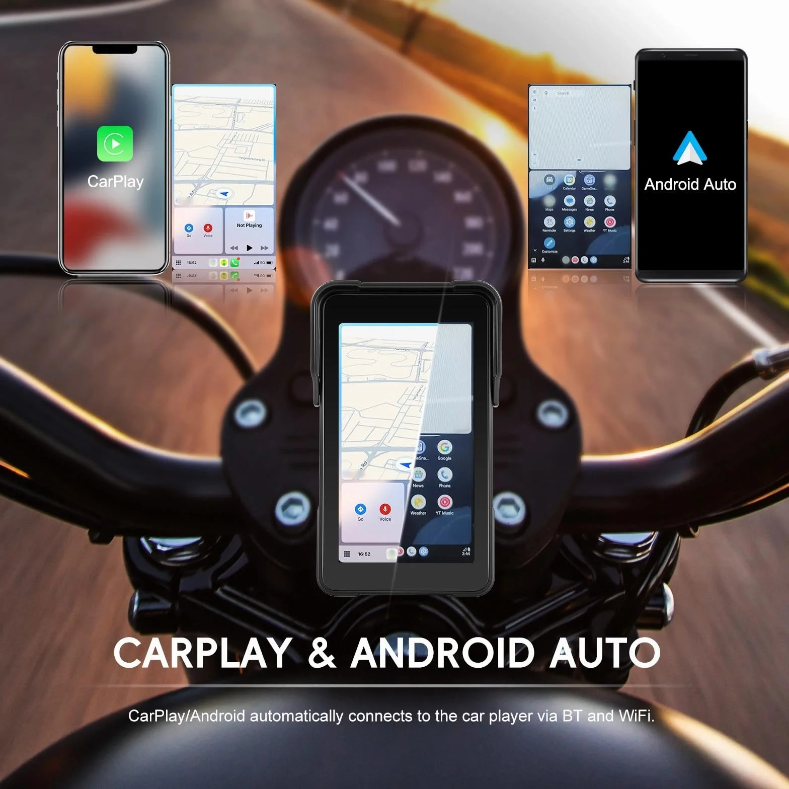 Moto CarPlay ekran do motocykli, bezprzewodowy CarPlay i Android Auto 5", wyświetlacz HD 5", wodoszczelność IP68, z Bluetooth, obsługa TPMS, zdejmowane zabezpieczenie przed kradzieżą