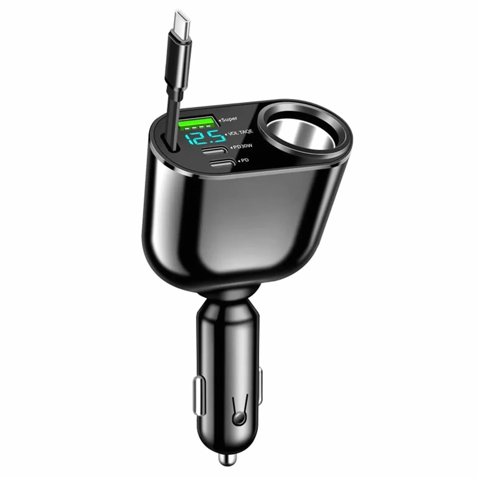 ładowarka samochodowa, Kabel teleskopowy do szybkiego ładowania 120/90/66 W, 4 w 1, 2 porty USB, adapter, kompatybilna zapalniczka(120W)