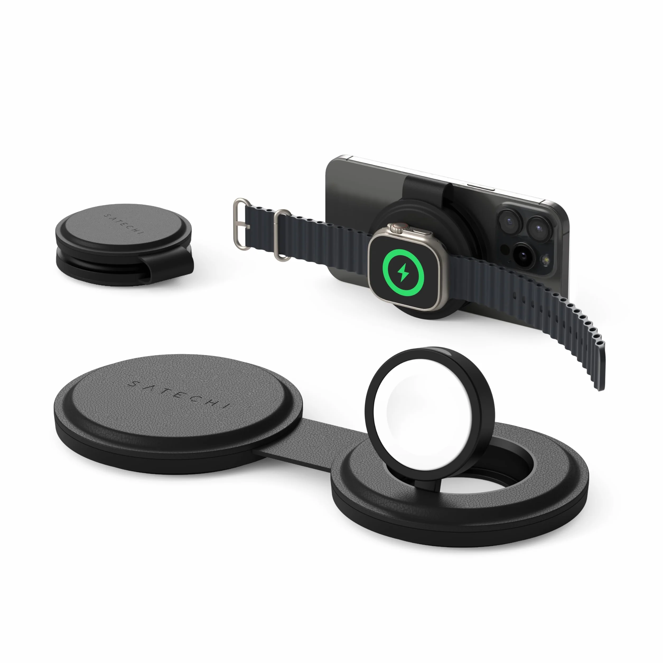 SATECHI składana ładowarka Qi2 OntheGo™ 2 w 1, 15 W, czarna | 15 W dla iPhone’a, 5 W dla Apple Watch i AirPods; zasilacz USB-C nie jest dołączony – wymagany min. 30 W