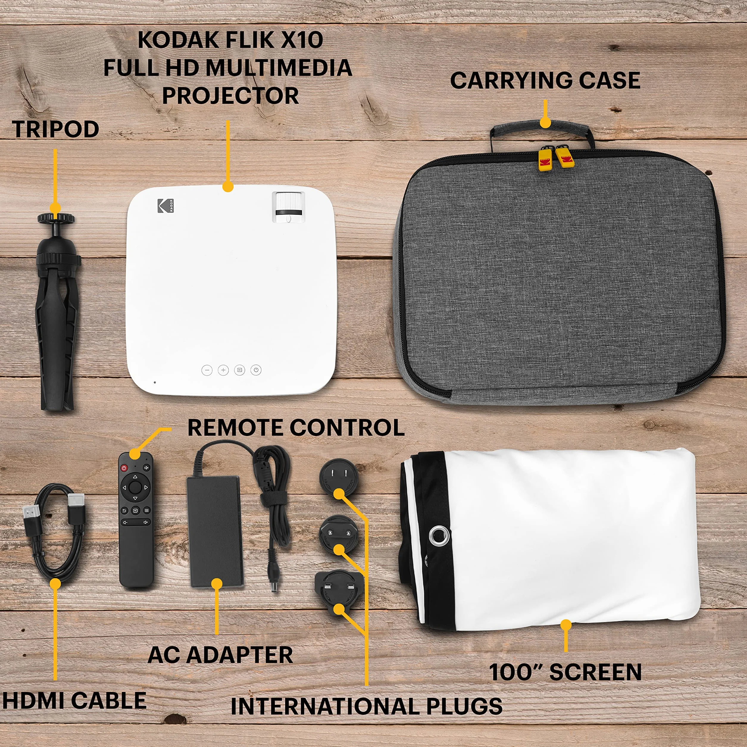 KODAK FLIK X10 Full HD Zestaw projektora multimedialnego | Mini kompaktowy przenośny zestaw kina domowego 1080p z 100-calowym ekranem projekcyjnym
