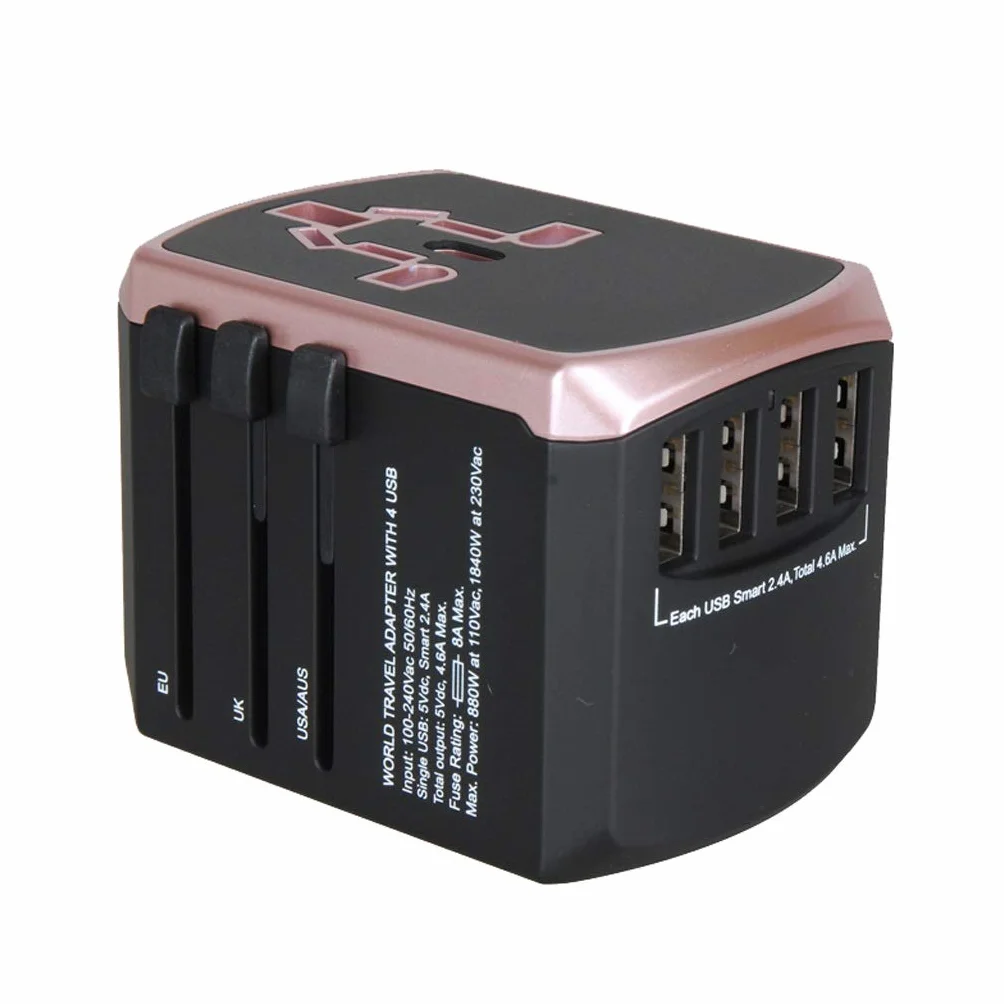 Uniwersalny międzynarodowy adapter podróży, ogólnoświatowy zasilacz z 4 Usb. Idealny na europejski USA, UE, UK, AU 224 Państwa (Color : A, Rozmiar : 5.3 * 5.4 * 7.1cm)