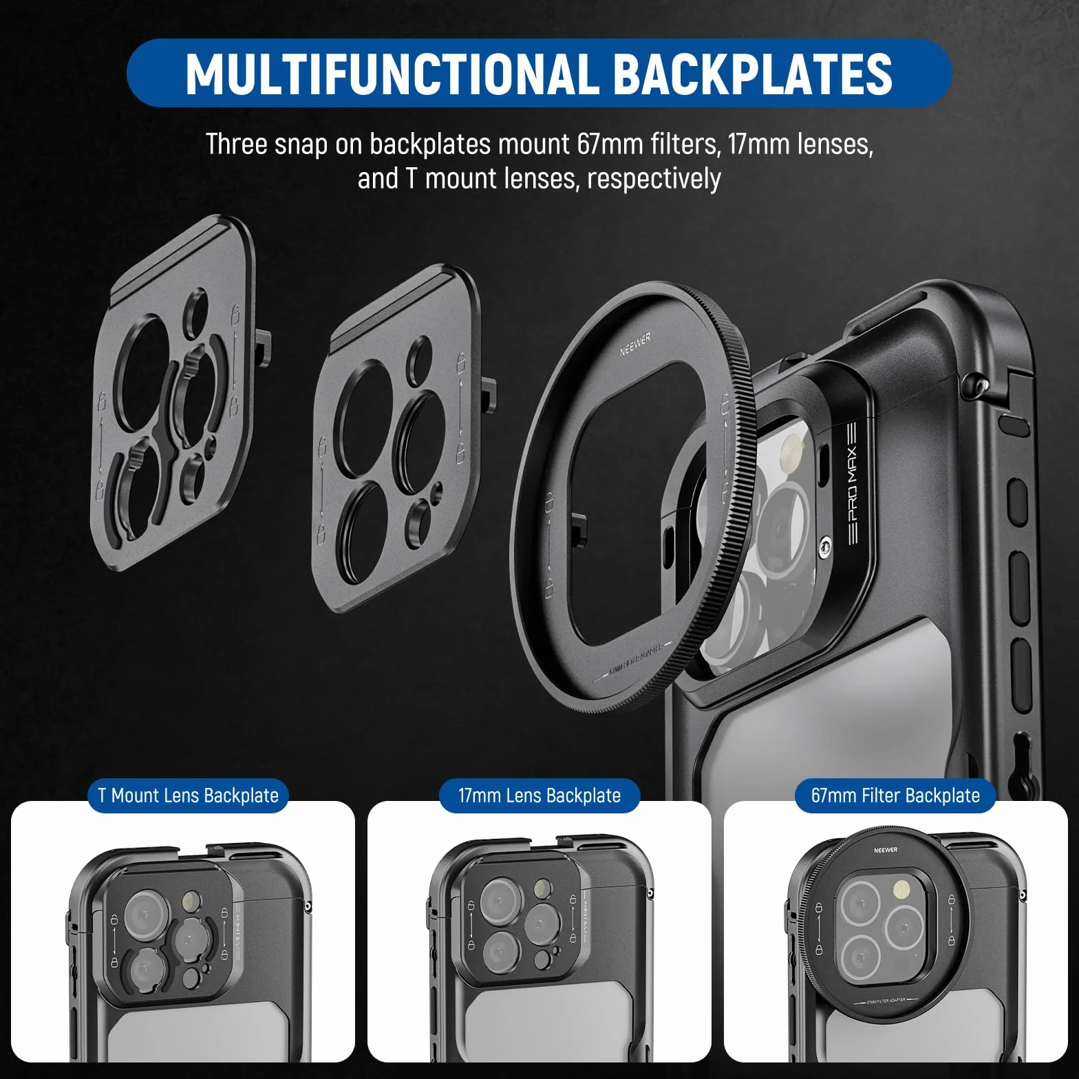 NEEWER Klatka 16 Pro Max, stabilizator telefonu do szybkiego zwalniania kompatybilny z iPhone 16 Pro Max z adapterami filtra 67 mm, obiektyw 17 mm i obiektyw z mocowaniem T, pełny dostęp do sterowania