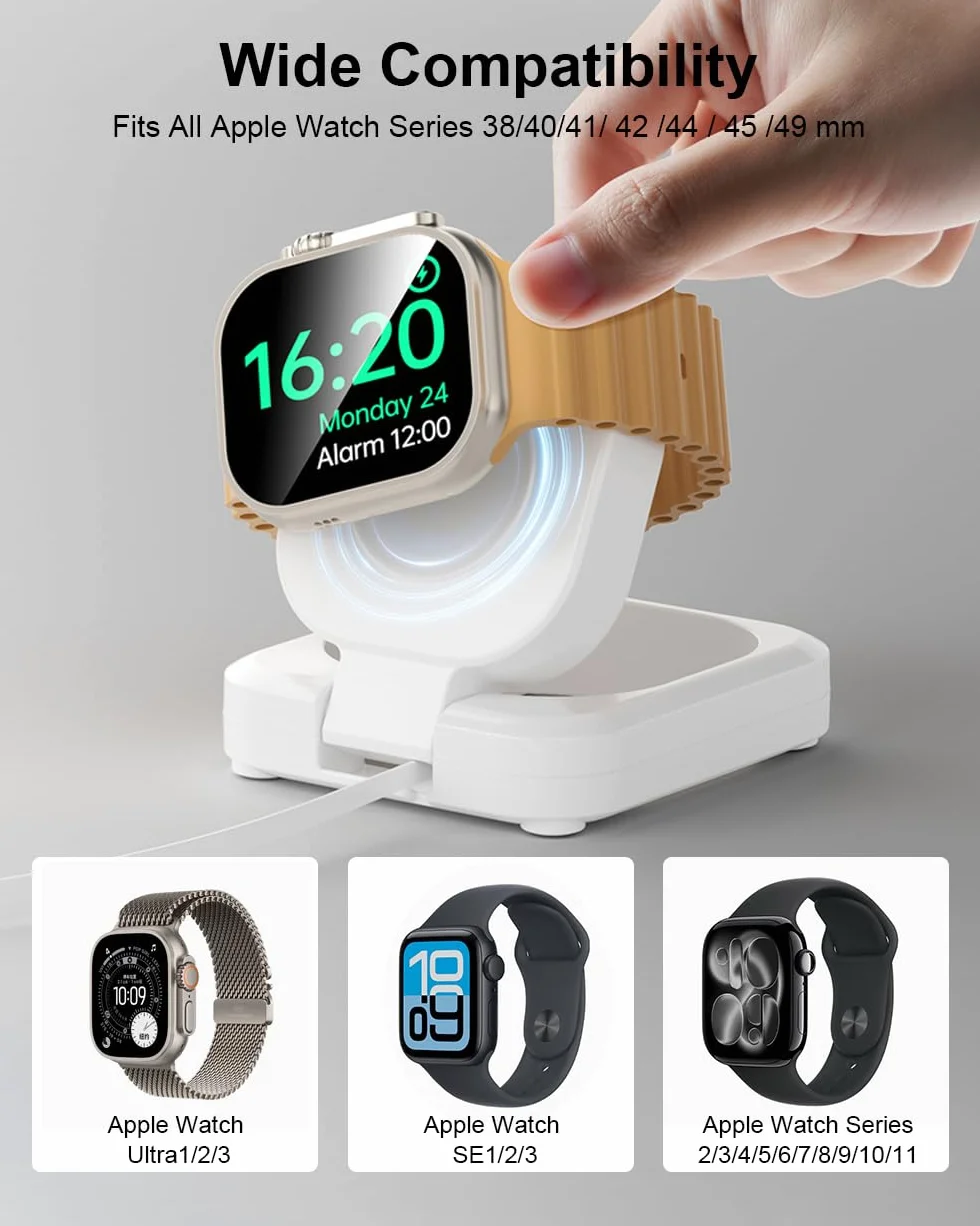 Magnetyczna stacja ładująca Apple Watch, 5 W, bezprzewodowa, szybka ładowarka iWatch z kablem USB C, tryb nocny, do Apple Watch Ultra 2/10/9/8/7/6/SE/SE2/5/4/3/2, przenośny, podróżny, chowany, biały
