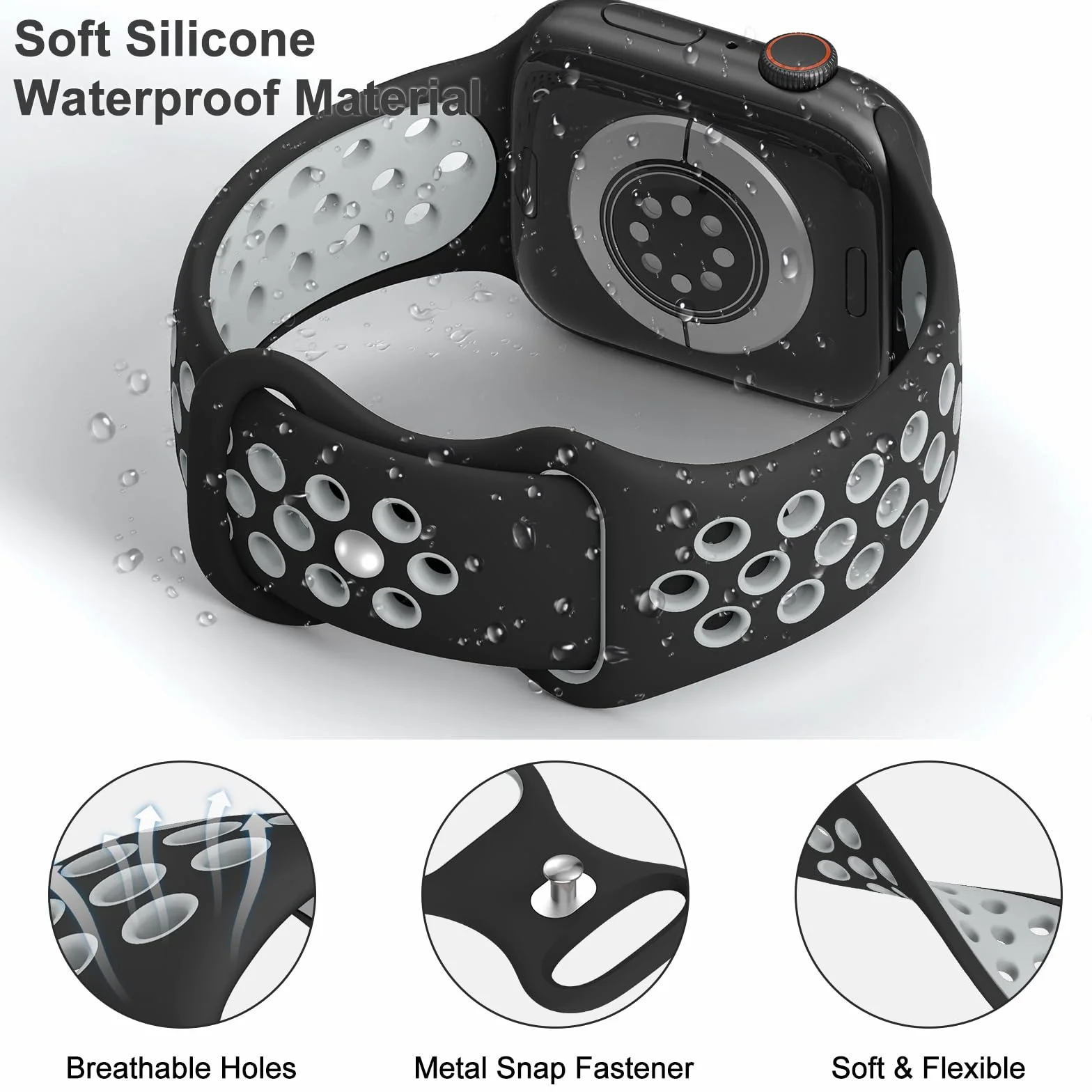 Yoohoo Paski sportowe kompatybilne z Apple Watch 38 mm, 40 mm, 41 mm, 42 mm, 44 mm, 45 mm, 46 mm, 49 mm, dla kobiet i mężczyzn, miękki, silikonowy, oddychający, pasek zastępczy do iWatch serii 11, 10