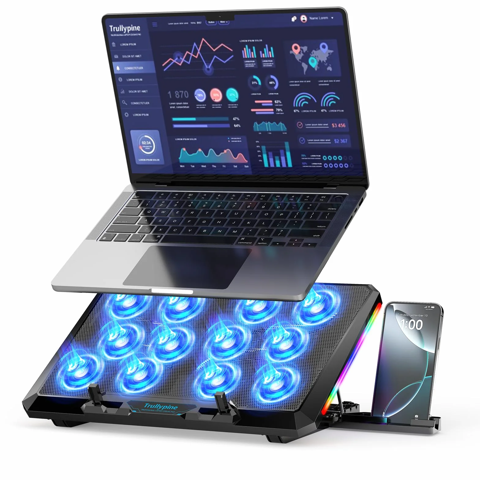 Podkładka chłodząca do laptopa, 12 cichych wentylatorów, smukły przenośny stojak chłodzący do laptopa 12-17,3 cala, 5 z regulacją wysokości, ergonomiczna podkładka chłodząca do gier, 2