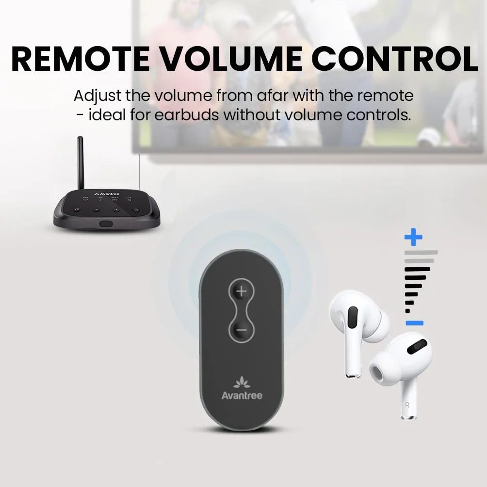 Avantree Oasis Plus 2 – transmiter Bluetooth do TV z pilotem do regulacji głośności, obsługa dwóch słuchawek, aptX Adaptive, passthrough soundbara, do TV z wyjściem optycznym lub AUX