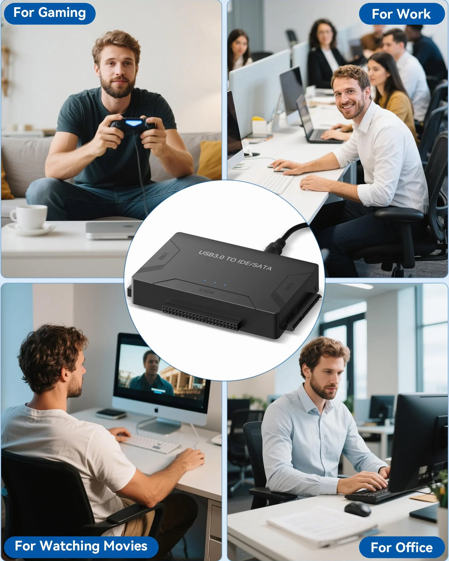 IDE USB 3.0 Adapter, USB 3.0 do SATA Adapter Uniwersalny konwerter dysków twardych do 2,5 i 3,5 cali SATA & IDE HDD/SSD z zasilaczem 12V 2A Kabel USB do systemu Windows 10/8/7/XP/Vista Mac OS Linux