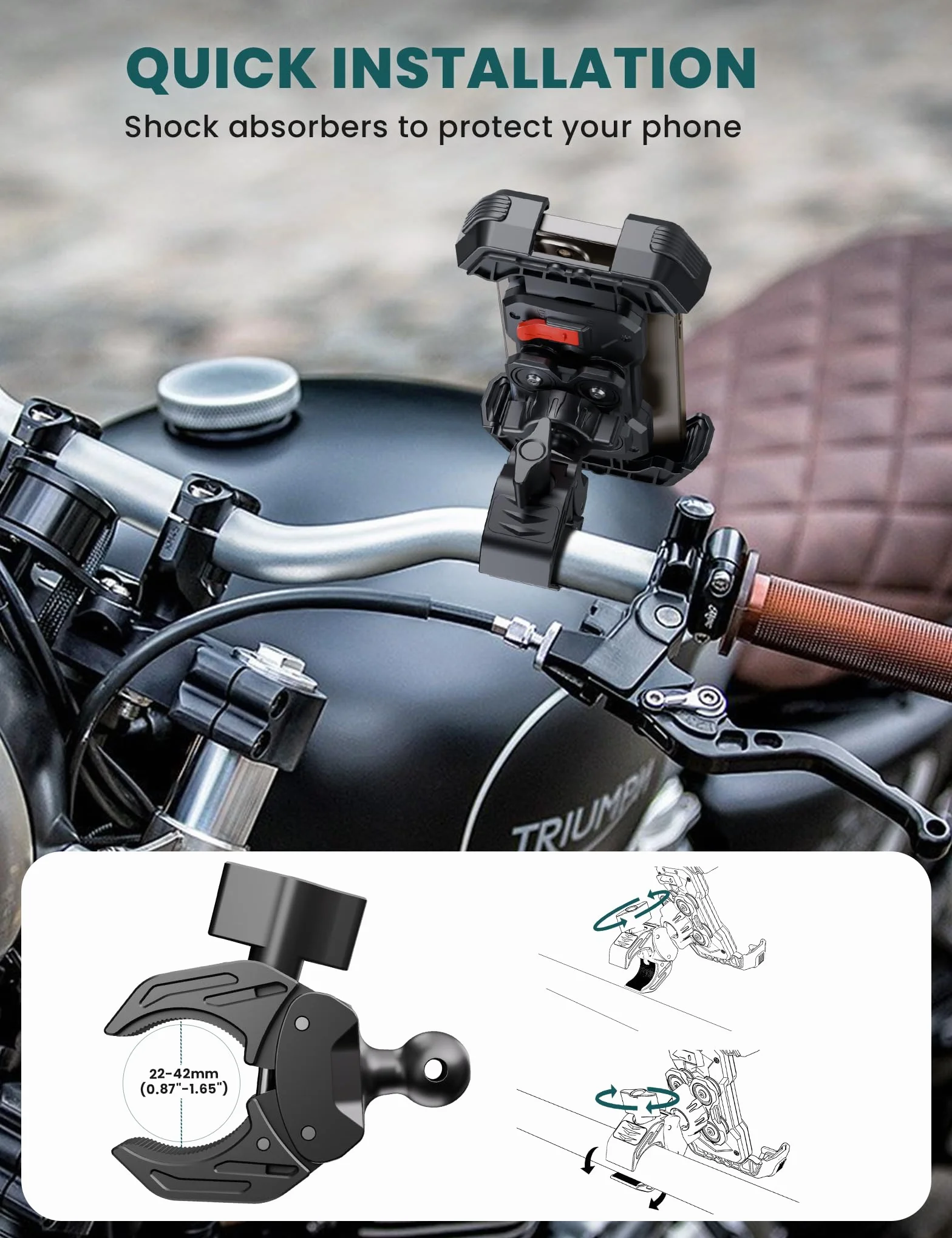 Grefay Uchwyt na telefon komórkowy do motocykla i roweru z podwójną amortyzacją drgań do iPhone 16 15 14 13 12 Pro Max, czarny