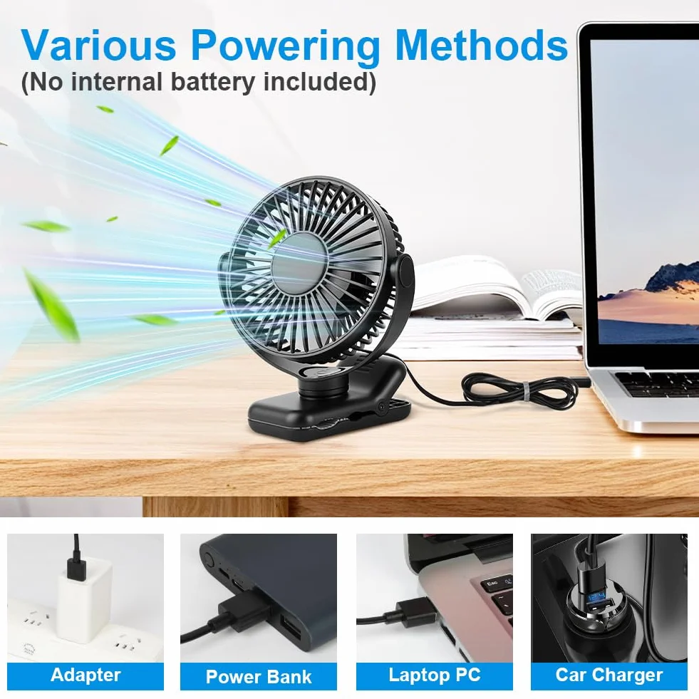 AXFEE wentylator USB, mini wentylator stołowy, cichy, z klipsem, wentylator obrotowy 360°, 3 prędkości, silny wiatr, wentylator stołowy, do domu, biura, sypialni, stołu, pulpitu