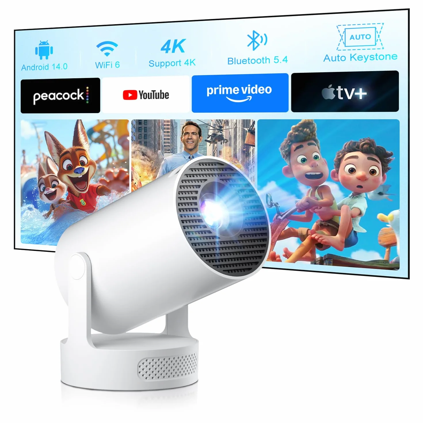 Salange - Projektor HD 720p, Inteligentny Projektor Android 14.0, Wi-Fi 6 (2,4G/5G), BT 5.4, 170 ANSI LM z Automatyczną Korekcją, Kąt 180 stopni, Wideo do Kina Domowego,Biały