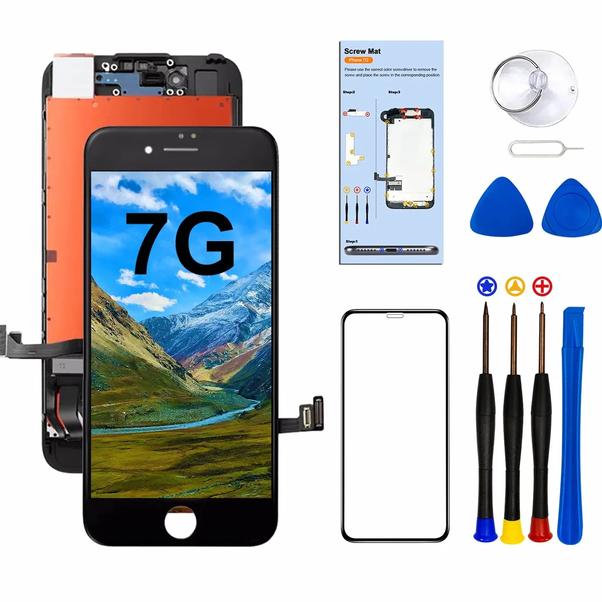 1 szt. do iPhone 7 4,7 cala zamiennik ekranu, czarny, ekran dotykowy LCD, kompletny wyświetlacz, z wodoodpornym klejem ze szkła hartowanego i zestawem narzędzi naprawczych (czarny, dla iPhone 7 (A1660, A1778, A1779))