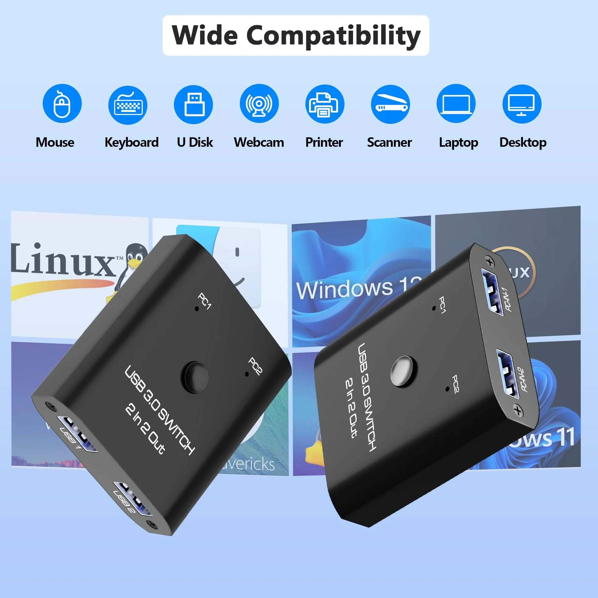 Przełącznik USB 3.0 2 w 2 wyjścia, przełącznik USB do 2 komputerów, do udostępniania klawiatury, myszy, drukarki, przełącznik udostępniania USB do Windows/Mac/Linux, 2-portowy przełącznik USB z 2