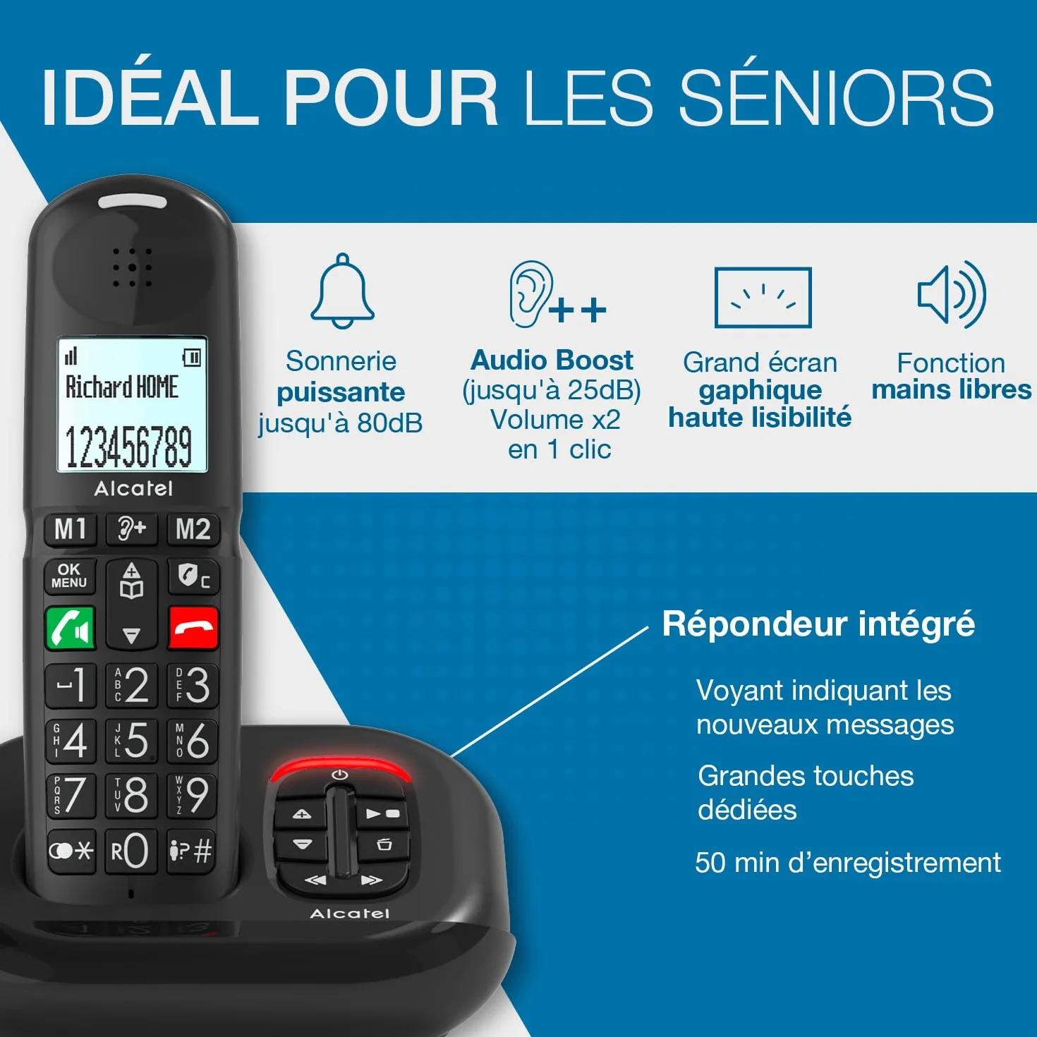 ALCATEL XL685 Voice - Bezprzewodowy telefon stacjonarny DECT Senior Format XL z automatyczną sekretarką, ekran o wysokiej czytelności, duże klawisze - Boost audio, głośnomówiący - blokowanie połączeń