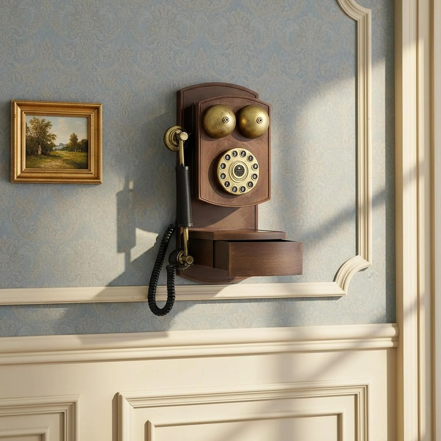 Dekoracja ścienna telefonu w stylu vintage z obrotową tarczą - antyczna ozdoba na telefon stacjonarny do domu, biura lub retro budki - klasyczny rekwizyt kolekcjonerski