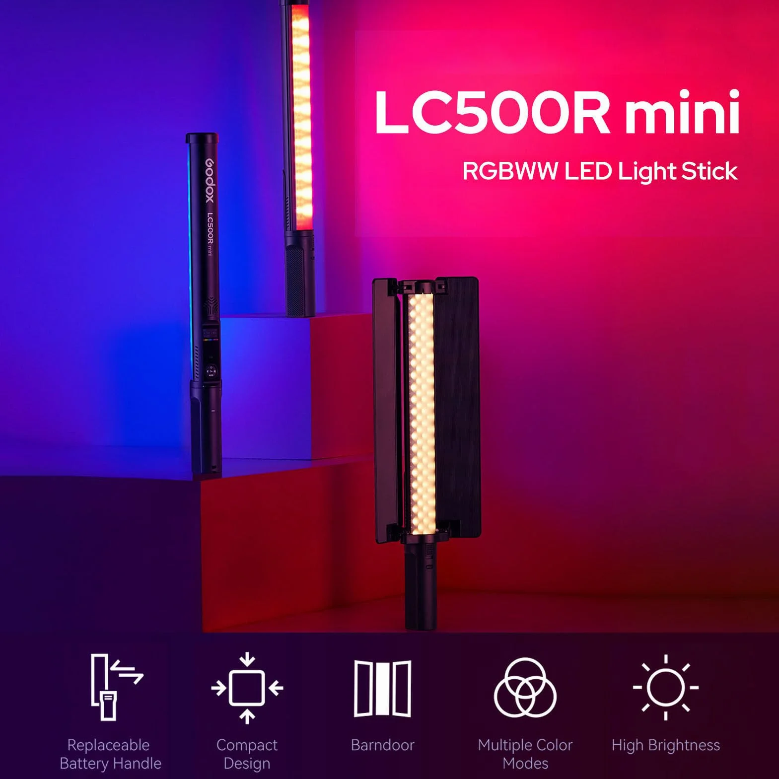 GODOX LC500R Mini kij Luminous LED Lampa 20 W RGB 2500K-8500K Rura Przenośna lampa fotograficzna Światło Różdżka LED CRI≥95 Zmienna intensywność 15 efektów FX Obsługa
