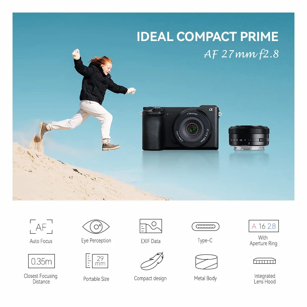 TTArtisan AF 27 mm F2.8 Obiektyw z automatycznym ustawianiem ostrości APS-C kompatybilny z lustrzanicami bezlusterkowymi Sony E-Mount A5000 A5100 A6000 A6100 A6300 A6400 A6500 A6600 NEX-3 NEX-3N NEX