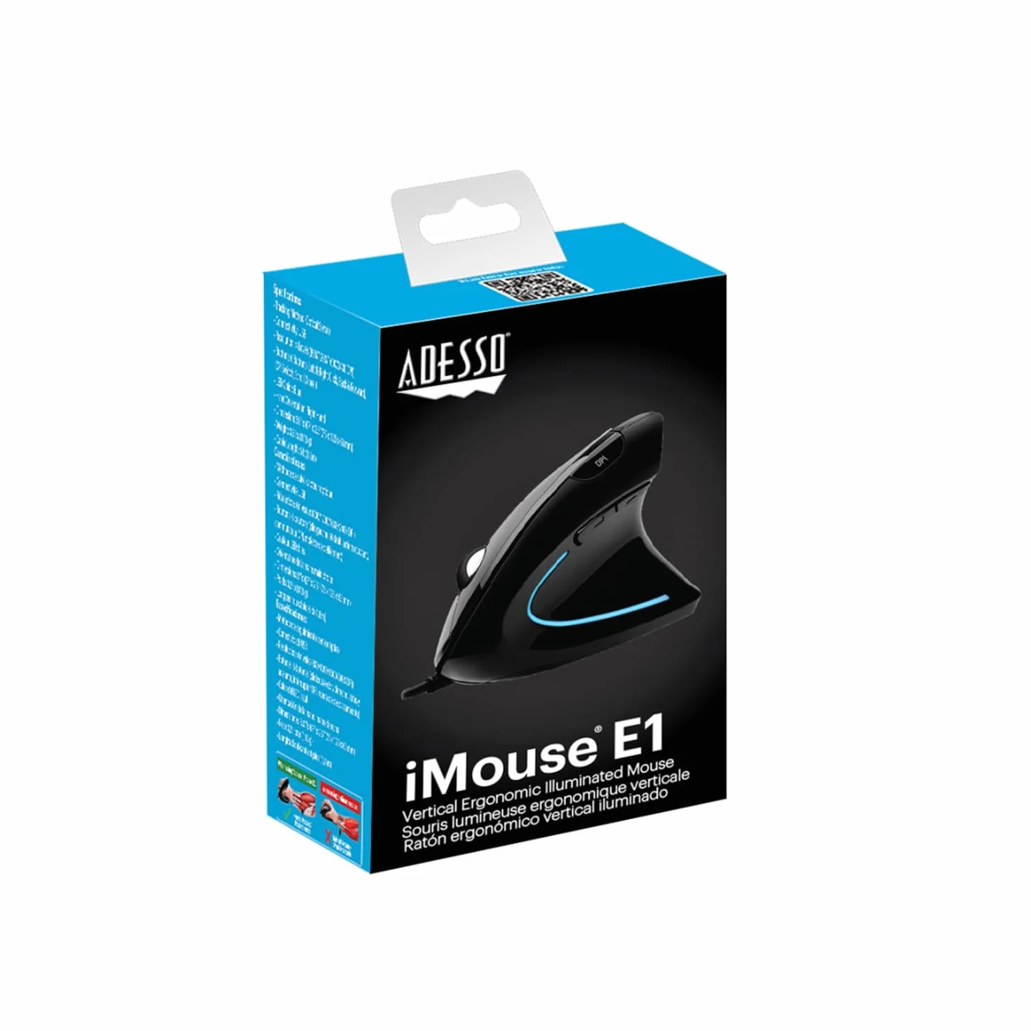 Adesso iMouseE1 - pionowa ergonomiczna podświetlana optyczna mysz USB z 6 przyciskami - orientacja praworęczna, DPI 1600/1000, 6 przycisków, do laptopa/PC/komputera stacjonarnego/notebooka/MAC - czarna