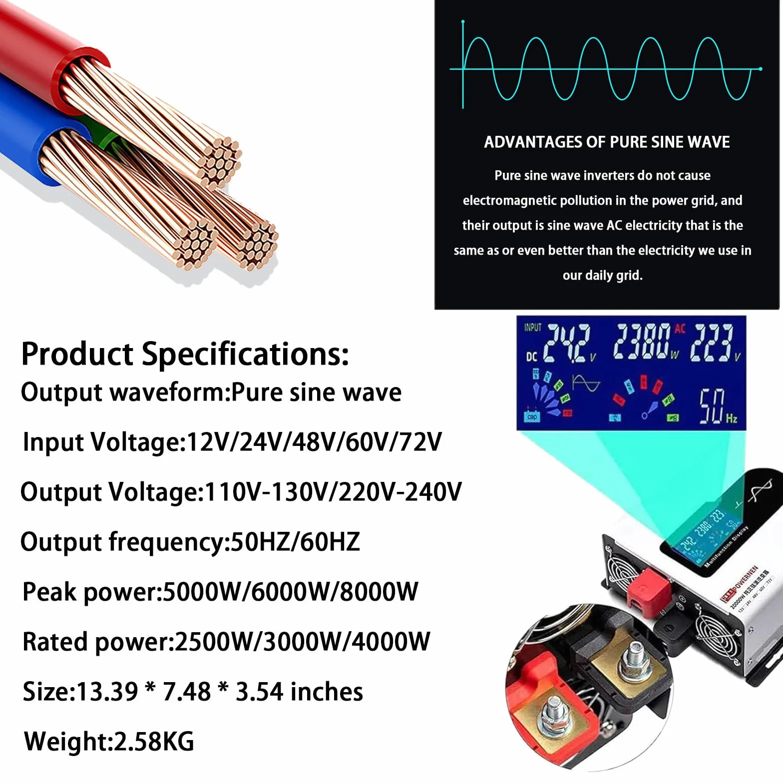 Przetwornica NapięCia, Falownik Sinusoidalny, PrąD StałY 12 V–72 V Na PrąD Przemienny 110 V/240 V, WyśWietlacz Lcd, Moc 5000 W–8000 W, Do UżYtku Domowego/Na ZewnąTrz/W Samochodach 10000W-60V
