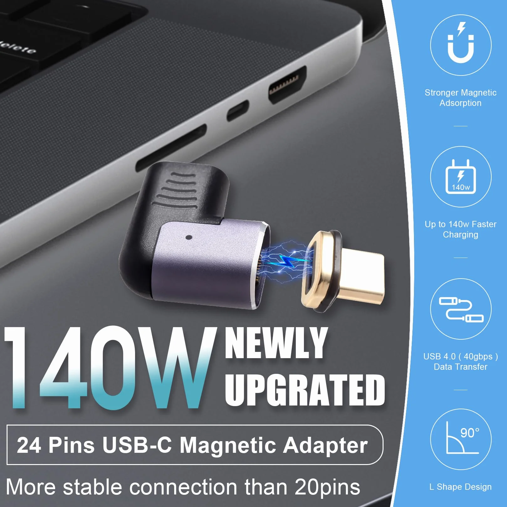 USB C Magnetyczny Adapter 2 Sztuki 140 W Złącze Magnetyczne USB-C 40 Gb/s Transfer Danych