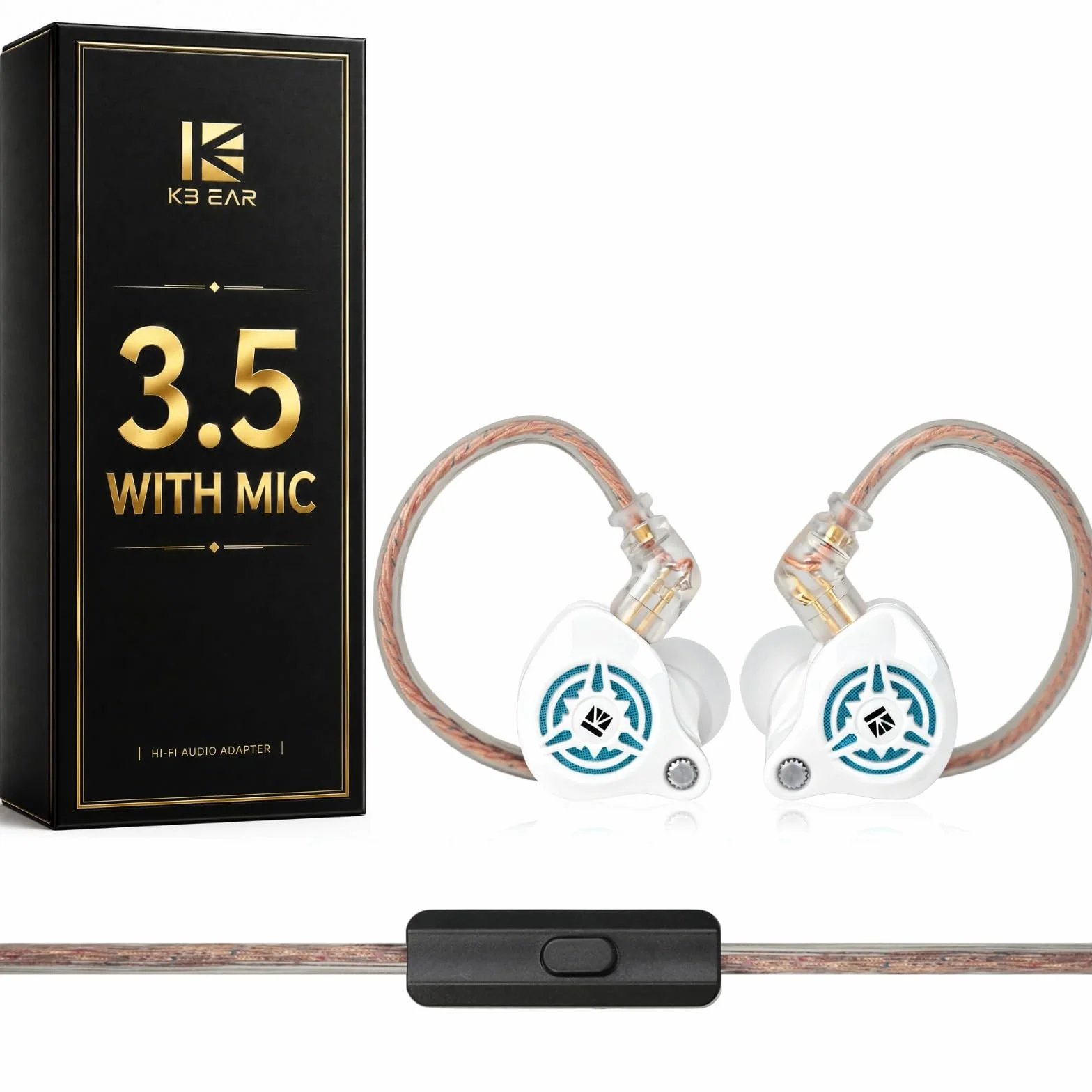 IEM, przewodowe słuchawki douszne do gier 1DD HiFi z 2 odłączanym kablem PIN -C dla graczy/muzyków (białe, 3,5 z mikrofonem)