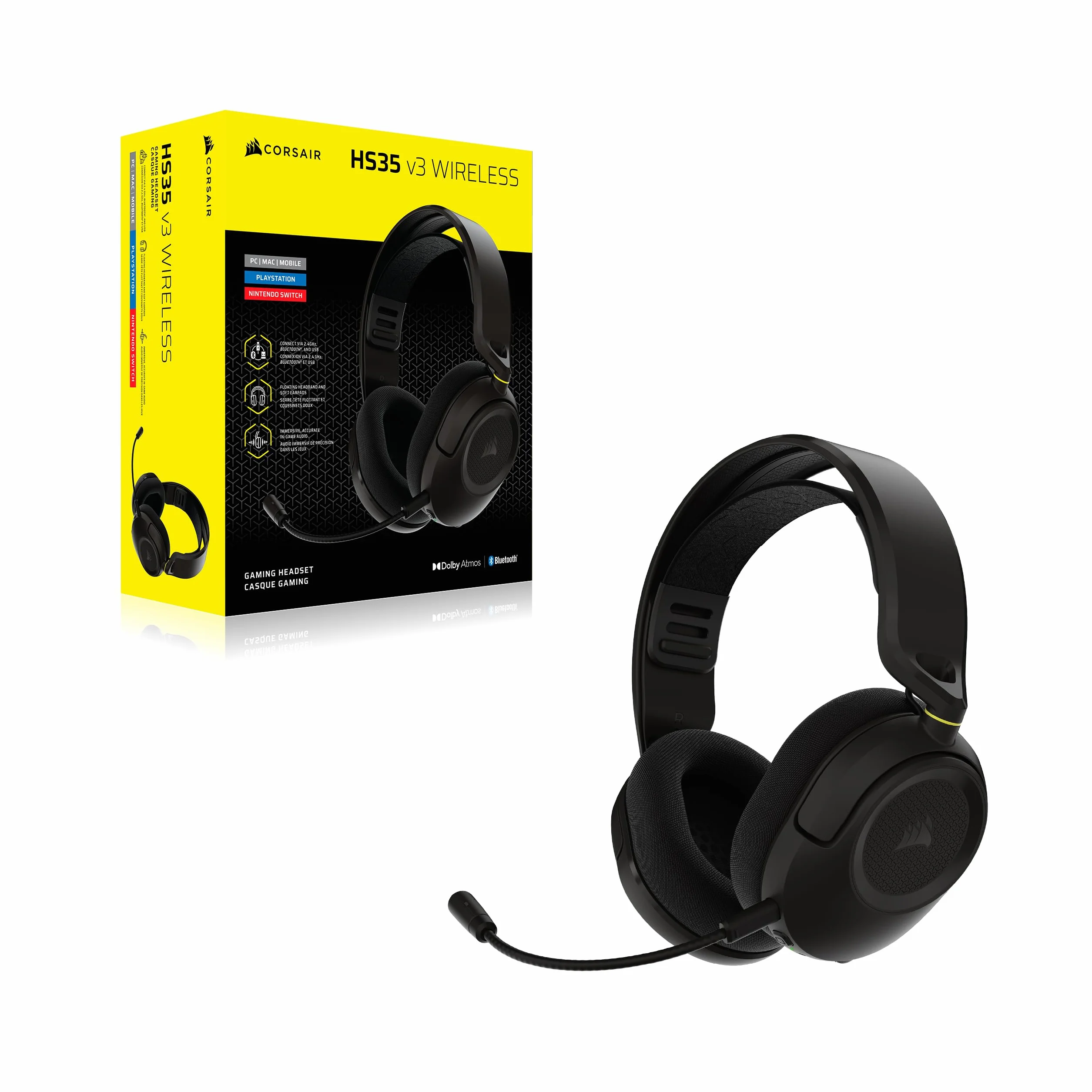 Corsair HS35 v3 bezprzewodowy zestaw słuchawkowy do gier z mikrofonem – 2,4 GHz i Bluetooth (PC/PS5/PS4/Switch/Mac/Mobile), lekki komfort, Dolby Atmos, czarny | 2,4 GHz i Bluetooth (PC, PS5, PS4, Switch, Mac, urządzenia mobilne), lekki i wygodny, Dolby At