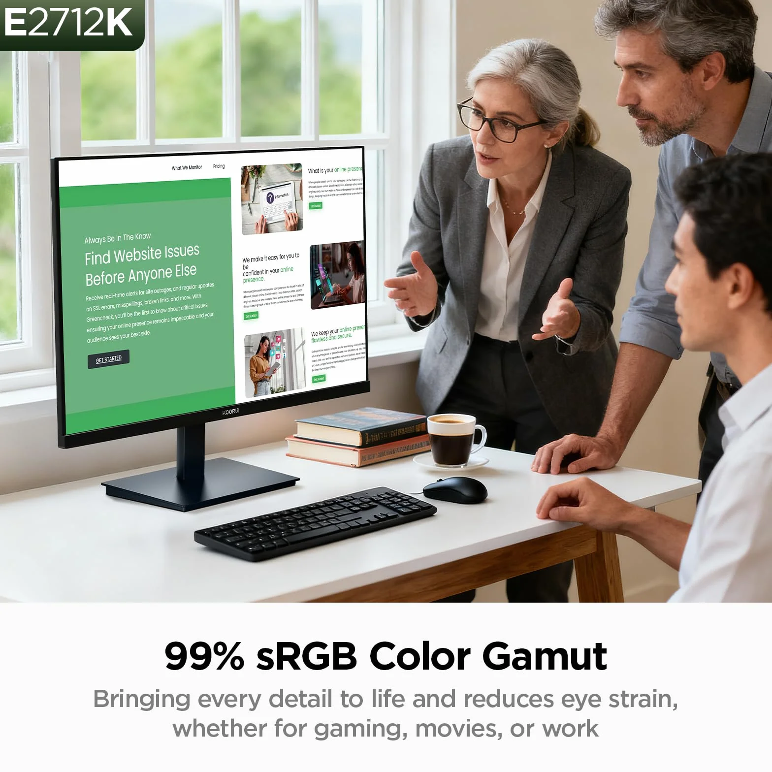 KOORUI 27-calowy ekran PC Full HD (1920 x 1080), IPS, 16:9, 75Hz, 5ms, VGA i HDMI, tryb słabego niebieskiego światła, szeroki kąt widzenia 178°