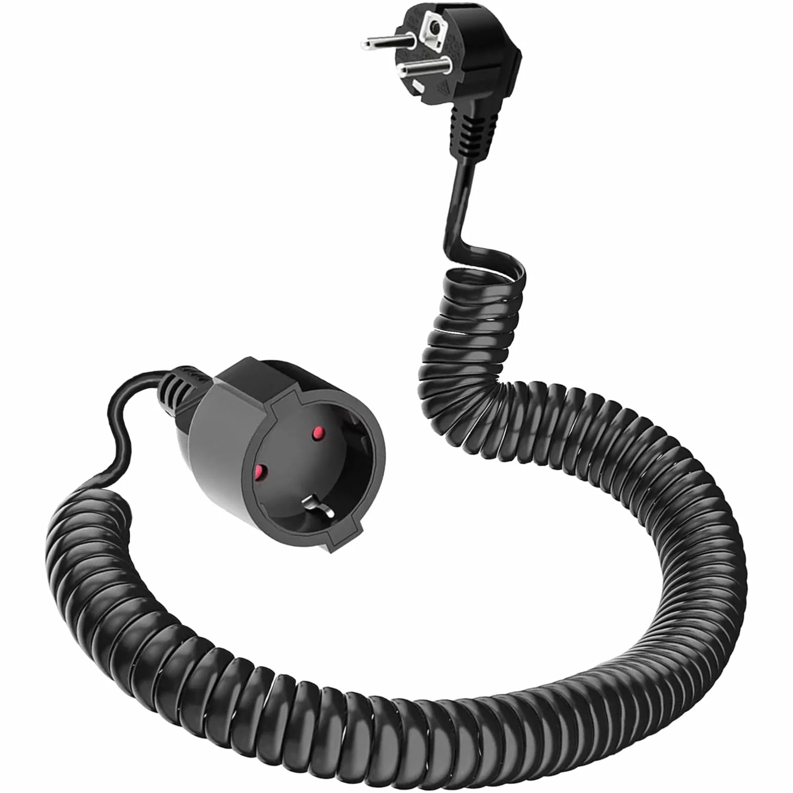 Przedłużacz z zestykiem ochronnym, przedłużacz spiralny rozciągliwy od 0,76 m do 4 m, przedłużacz IP20, przedłużacz (250 V/16 A), kabel spiralny z wtyczką i złączem Schuko, czarny