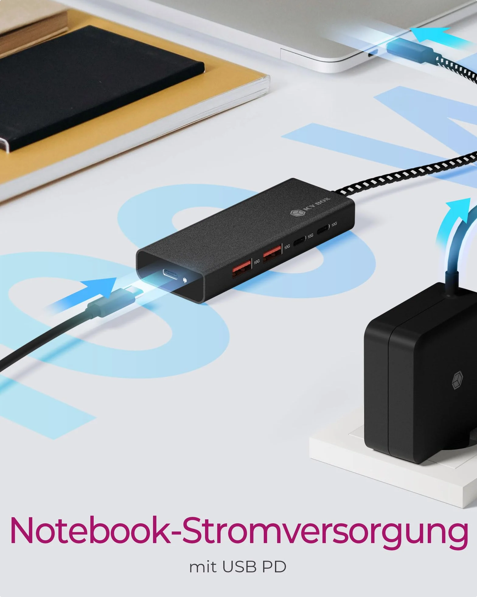 ICY BOX USB 3.2 Gen 2 HUB (10 GB/s), 4 x USB 3.2 (2X USB-A i 2X USB-C), 100 W Power Delivery, aluminium, wraz z kablem 30 cm, IB-HUB1436-CPD