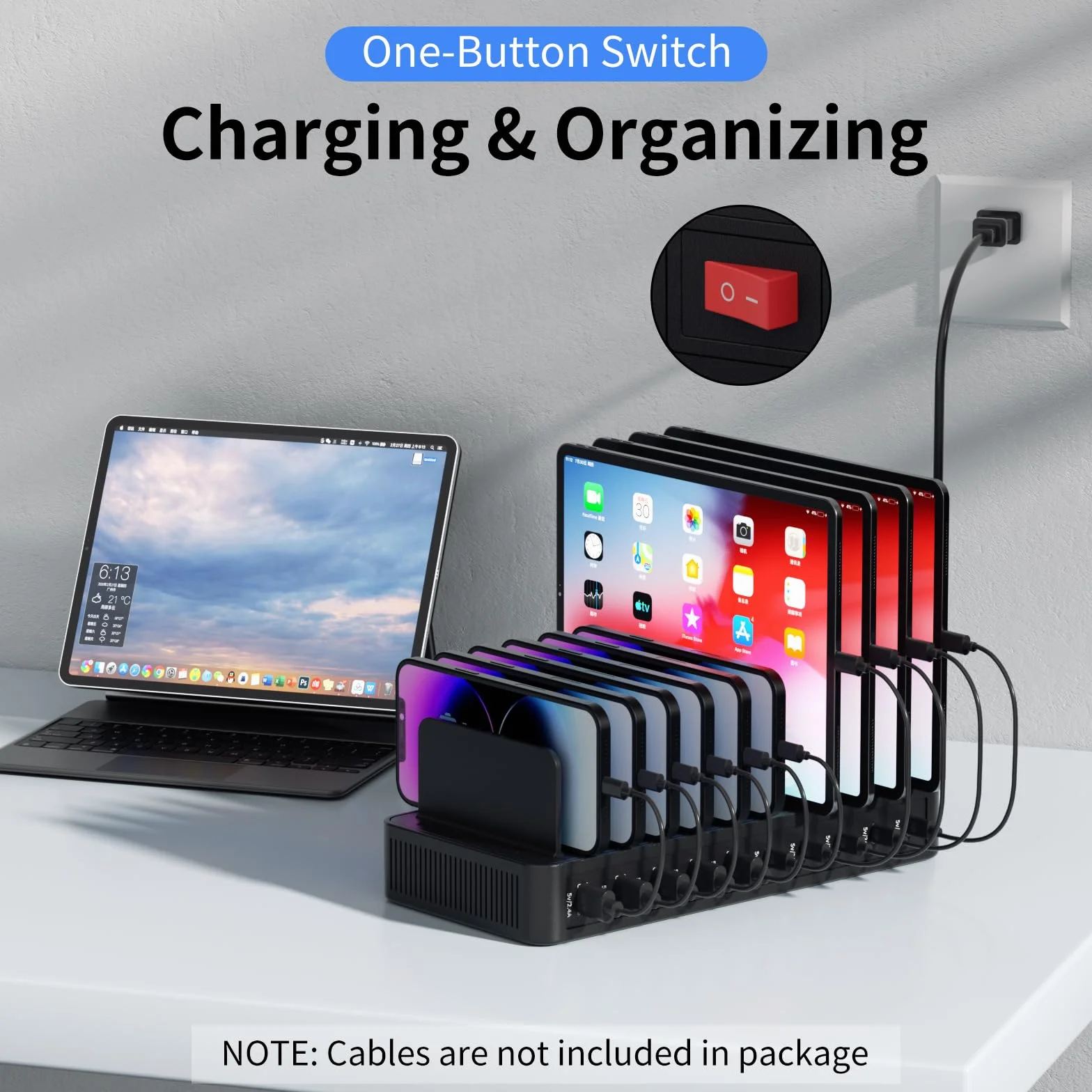 Stacja ładująca 60 W do wielu urządzeń, 10-portowa stacja ładująca USB z regulowanymi przegrodami – stacja ładująca do urządzeń iPhone, Android, iPad, tabletów i innych urządzeń