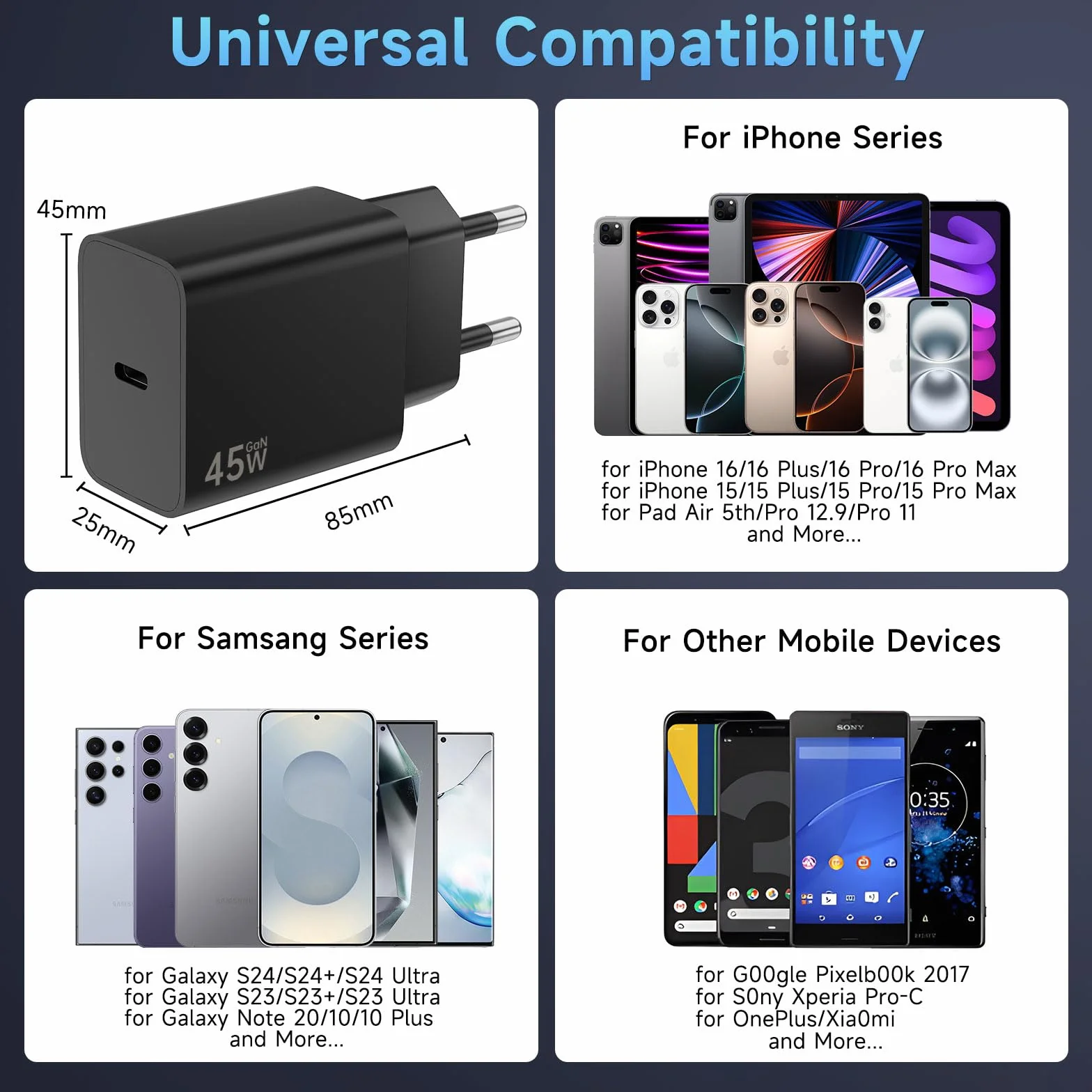 45W Szybka Ładowarka USB-C, Ładowarka USB C 45W i Kablem Ładowania Typu C 2M, PD Super Fast Charger PPS GaN Power Adapter Galaxy S25/S24/S23/A55, Phone 17/16/15/Pro Max - Czarny