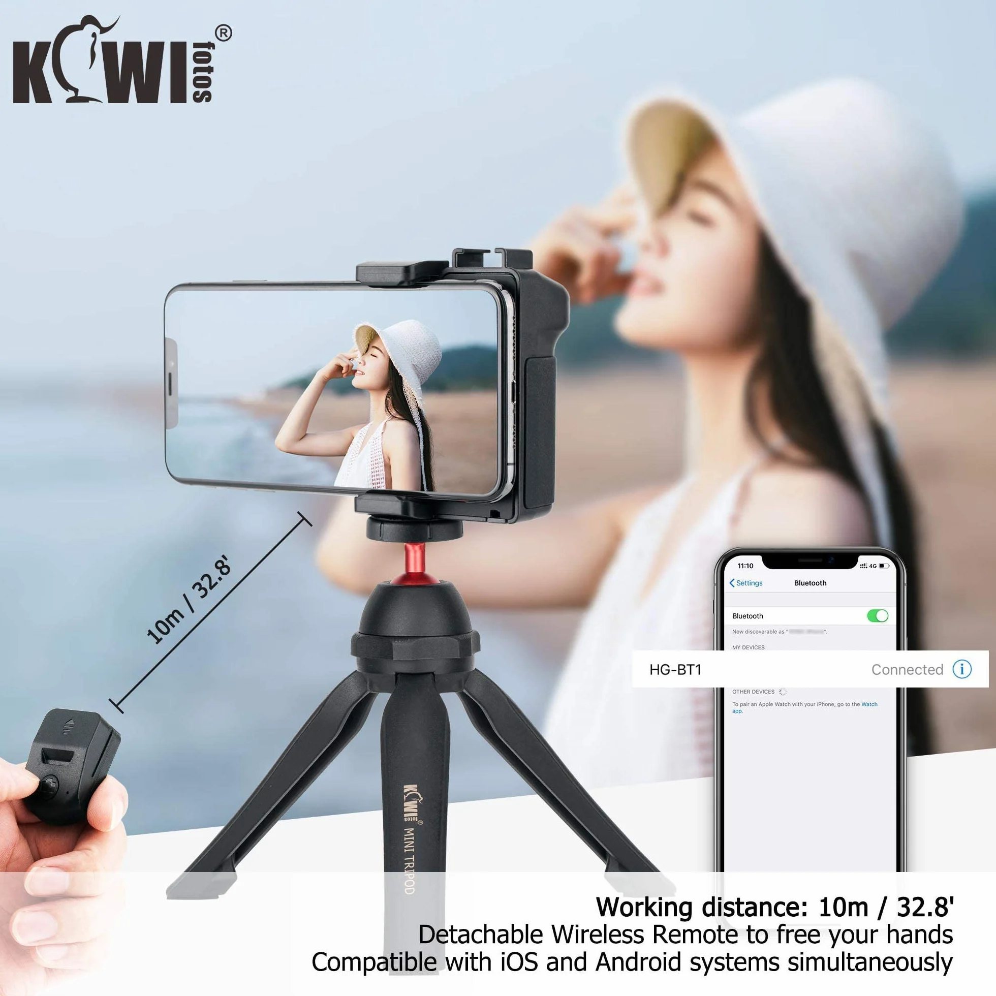 KIWIFOTOS Pilot zdalnego sterowania do smartfona ze stabilizatorem uchwytu do selfie vlog wideo kompatybilny z iPhone 14 13 12 11 XS X XR 8 + 8 7+ 7 6S+ 6S Galaxy Mate MI PIXEL o szerokości 59-85 mm
