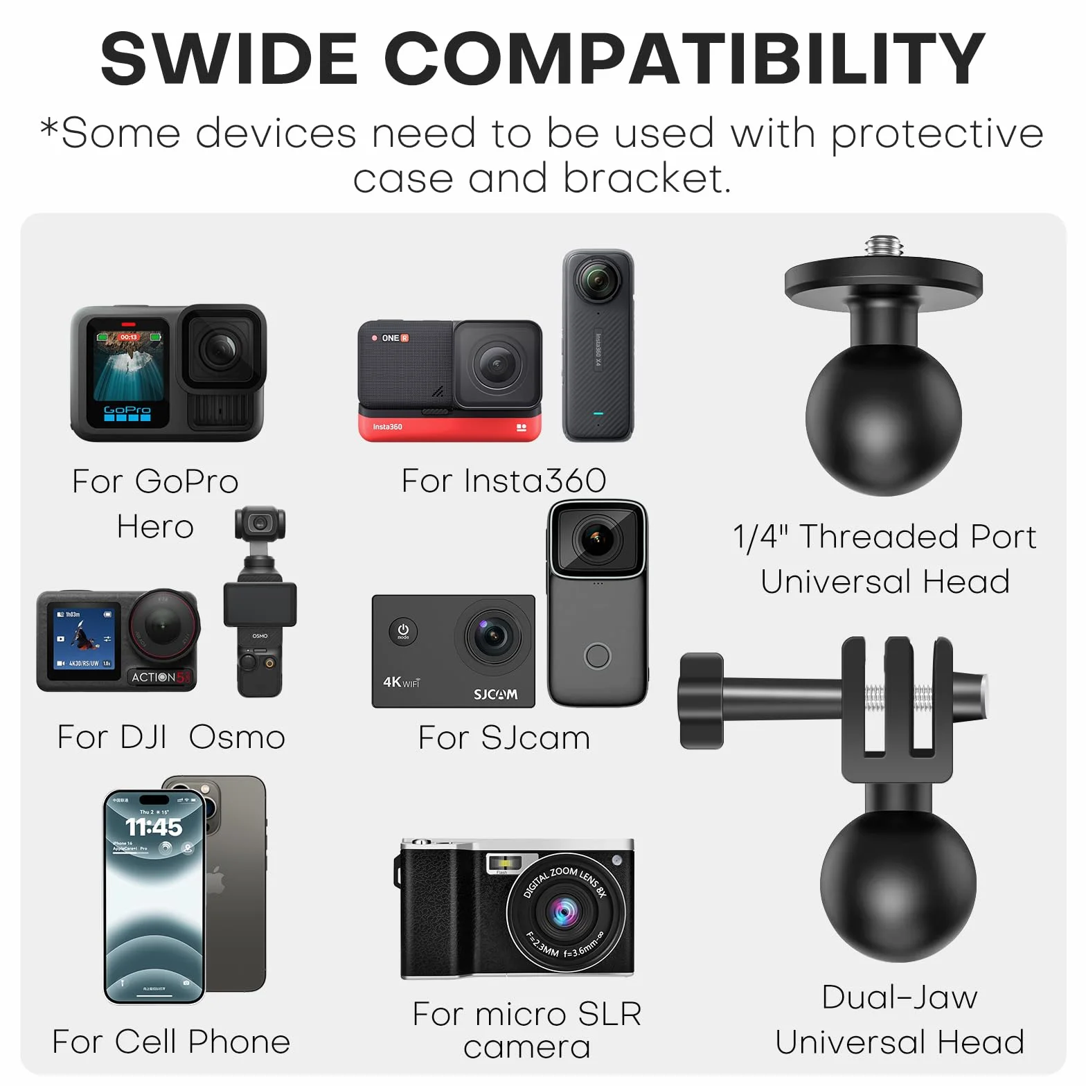 REYGEAK Mocowanie kamery z podwójną głowicą kulową 360° ze śrubami 1/4, uchwyt na kierownicę rowerową z podwójnym pazurem do Gopro Max Hero 13/12/11/10/9