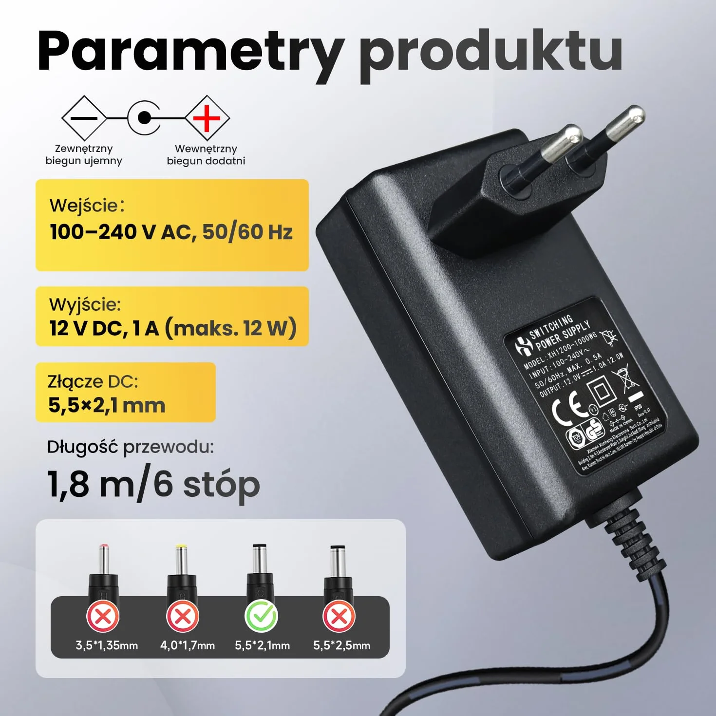 Zasilacz 12V 1A 1,8m AC DC Adapter z 8 Wymiennymi Gniazdami CE