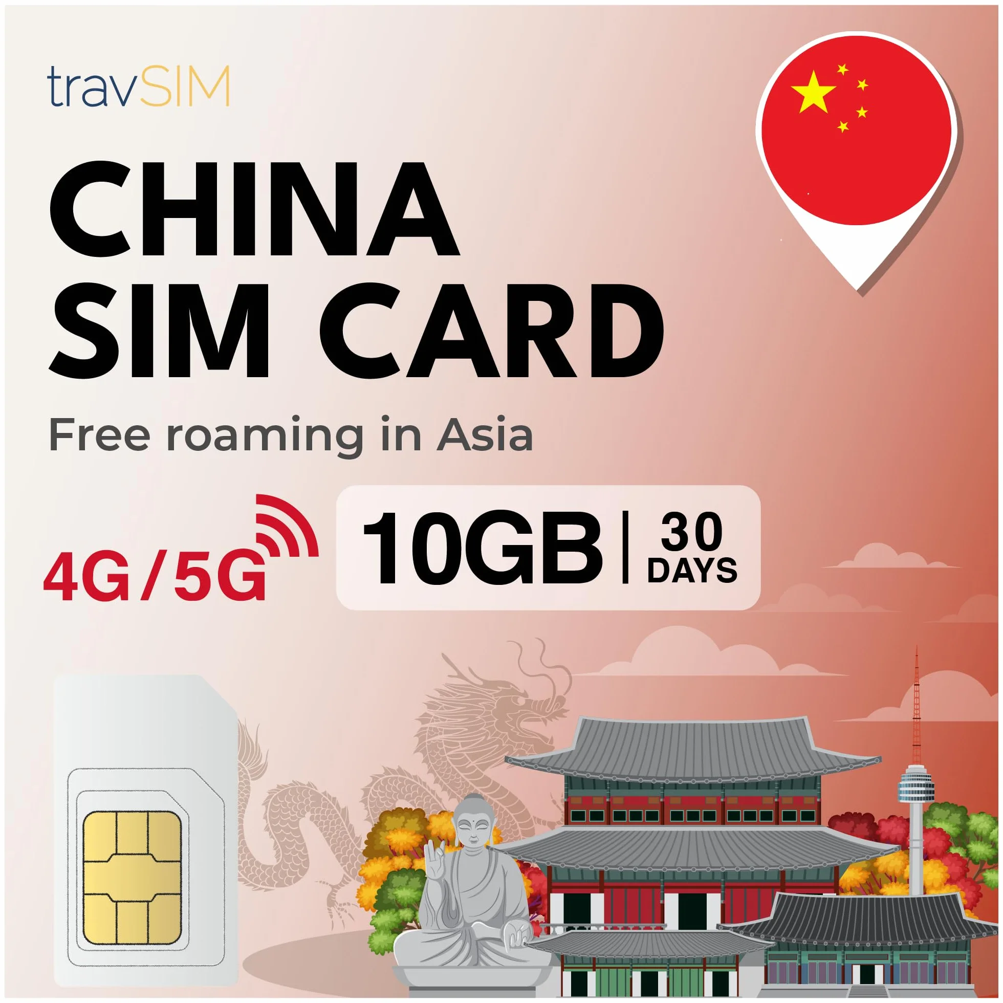travSIM China SIM Card | 10 GB danych mobilnych | Działa na urządzeniach z systemem iOS i Android | Plan tej karty SIM w Chinach jest ważny przez 30 dni