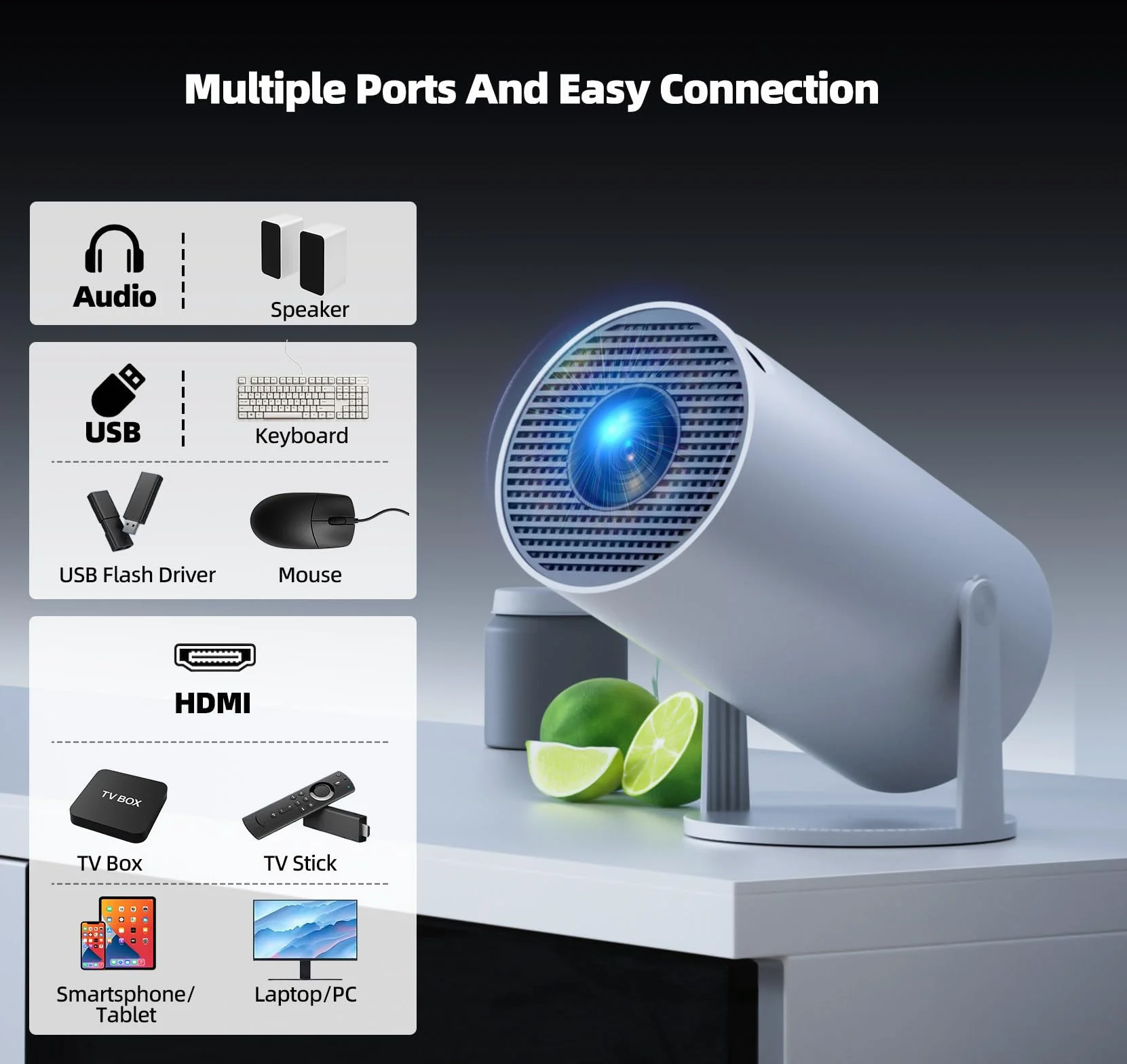 Mini projektor 4K z WiFi6 i BT5.0, Android 11.0, przenośny projektor z obrotem o 220°, automatyczna korekcja trapezowa, inteligentny projektor kina domowego do iPhone'a/PC/Switch