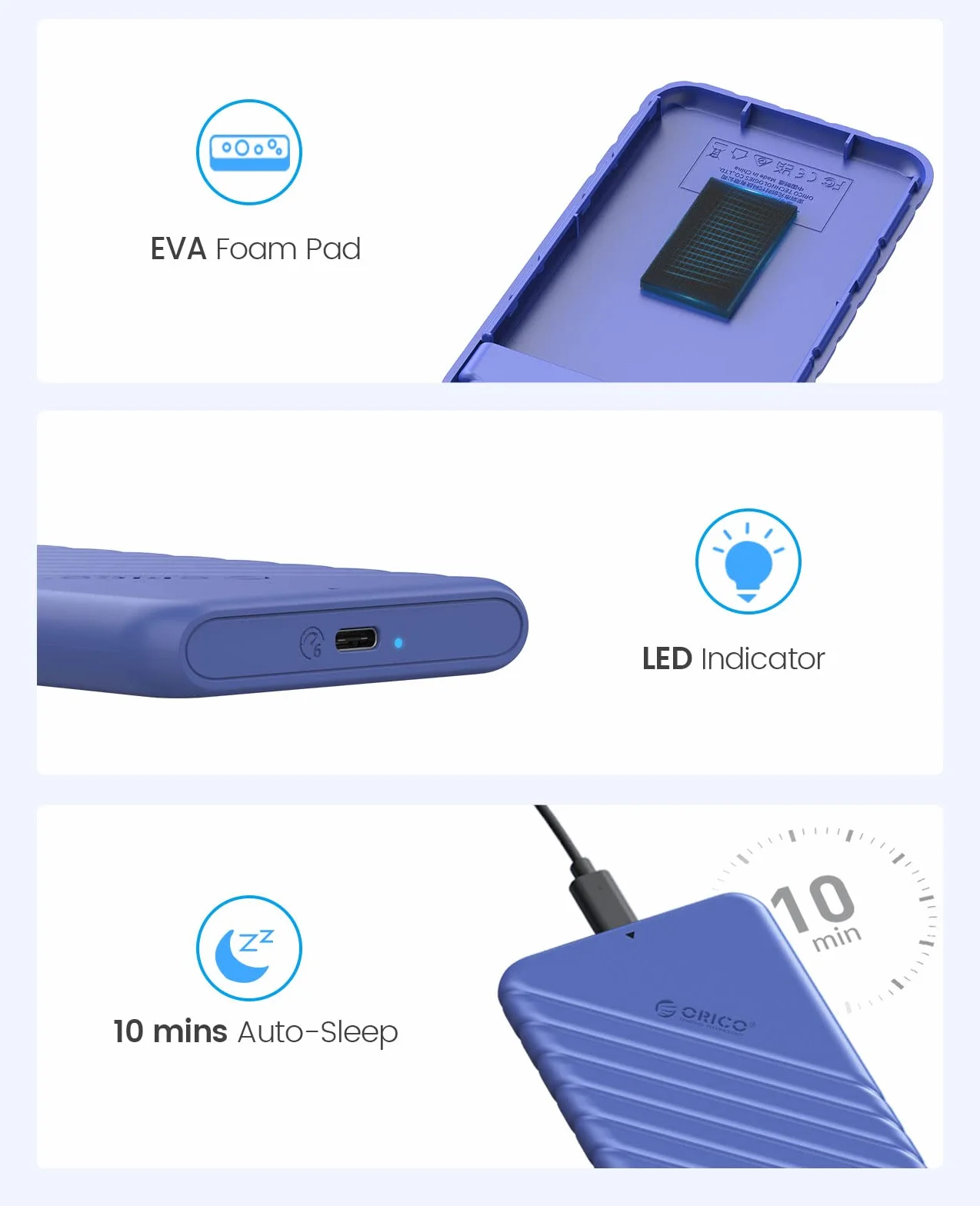 ORICO Obudowa dysku twardego 2,5" USB C USB 3.1 Gen 2 do SATA III, zewnętrzna obudowa dysku twardego do SSD HDD 9,5 7 mm bez użycia narzędzi z UASP, niebieska (25PW1-C3)
