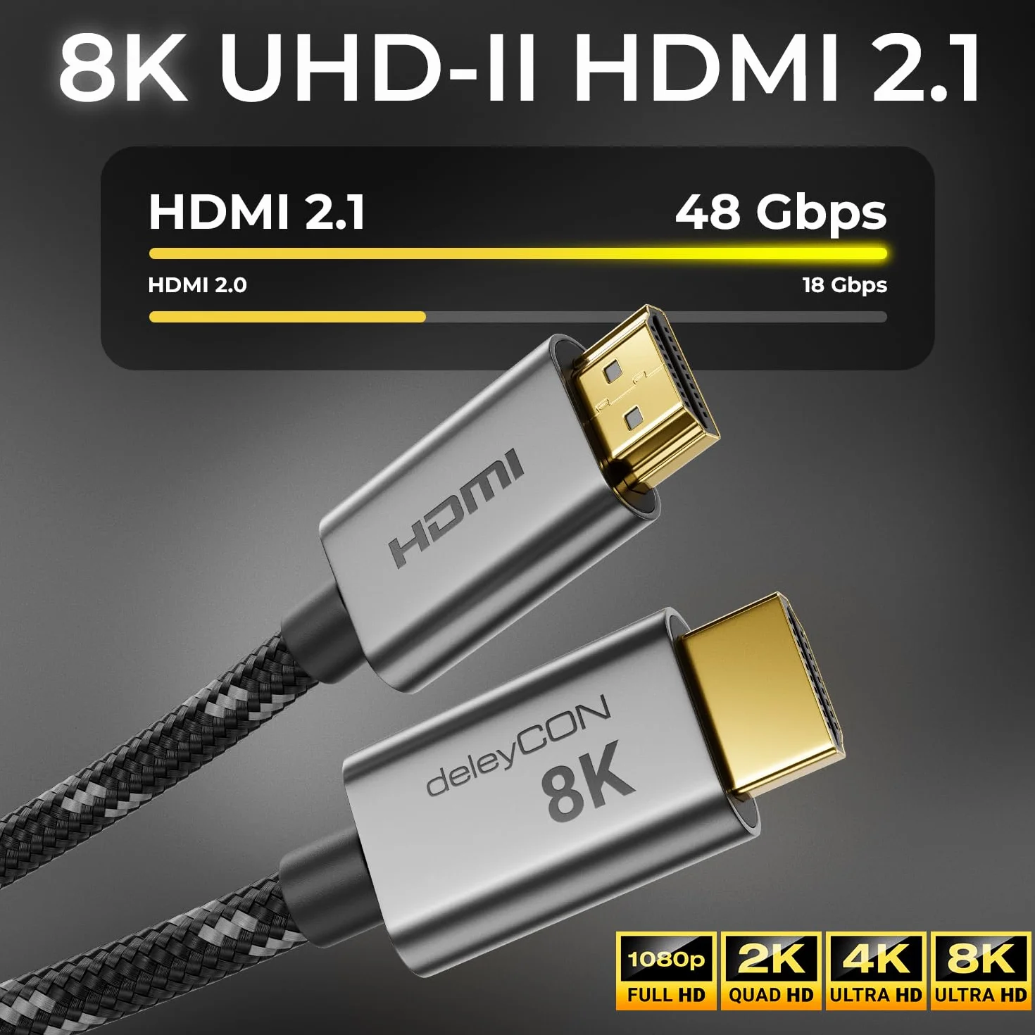 deleyCON Kabel HDMI 2.1 8K 5m - do TV, Monitora, PS4, PS5, Xbox, Soundbara Dolby Atmos, EARC, HDR10+ VRR - 48 Gbps Ultra High Speed - 10K/8K@60Hz, 4K@120Hz/144Hz, 2K@240Hz
