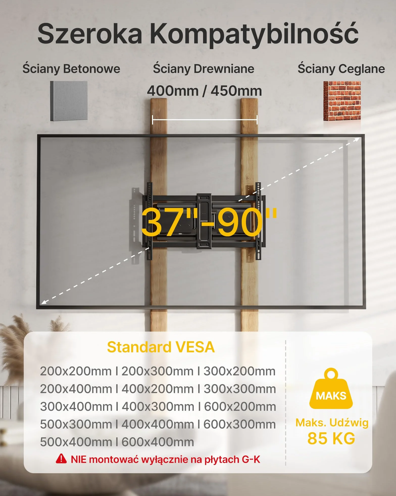 monTEK Ultra Slim Uchwyt Ścienny TV Heavy Duty 37-90" | Uchwyt TV z obrotem, pochyleniem i wysięgnikiem, do 85 kg, podwójne ramiona, VESA 600x400
