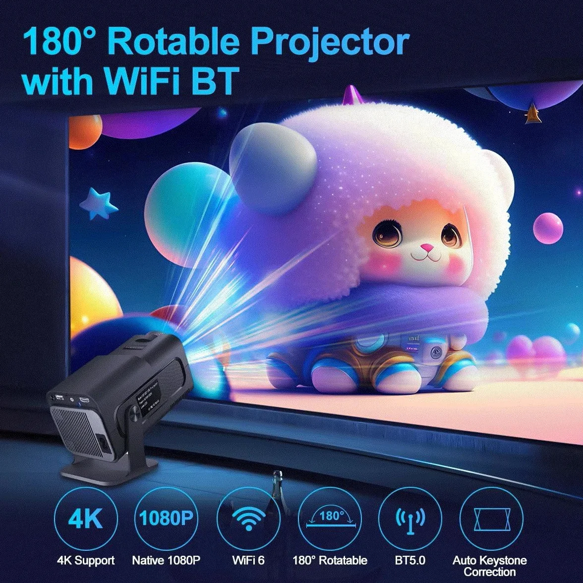 Przenośny projektor kinowy 4K, Android 11, 1080P, 390ANSI, czarny, Dual Wifi6, BT5.0, 1920 x 1080P, inteligentne projektory obrót o 180 stopni, 18000 lumenów