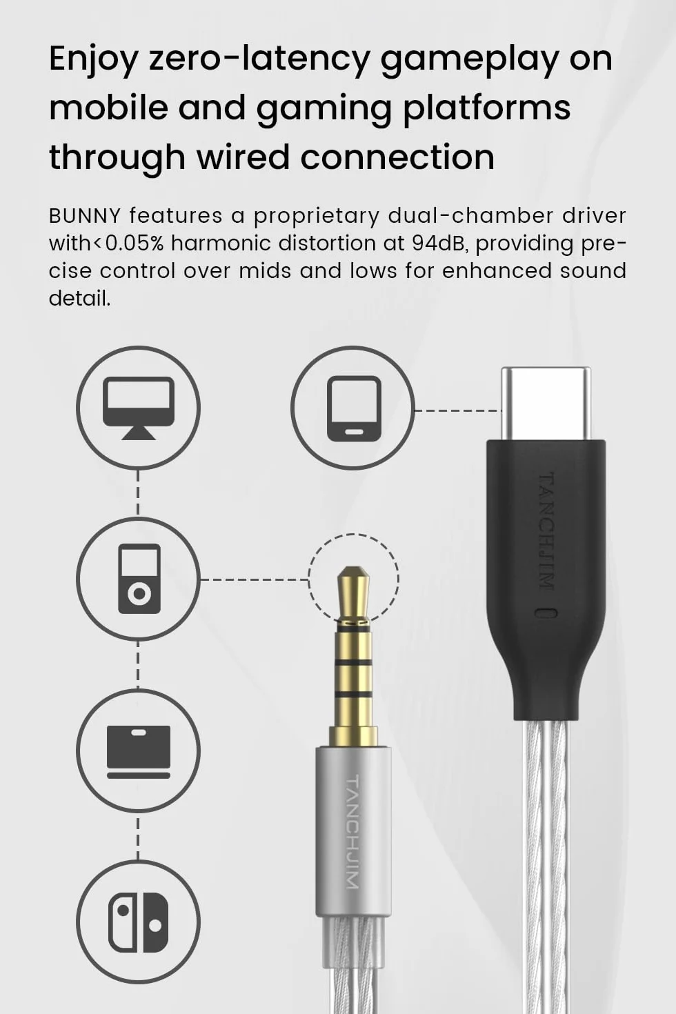 TANCHJIM Bunny słuchawki douszne dla graczy i miłośników dźwięku (3,5 mm z mikrofonem)