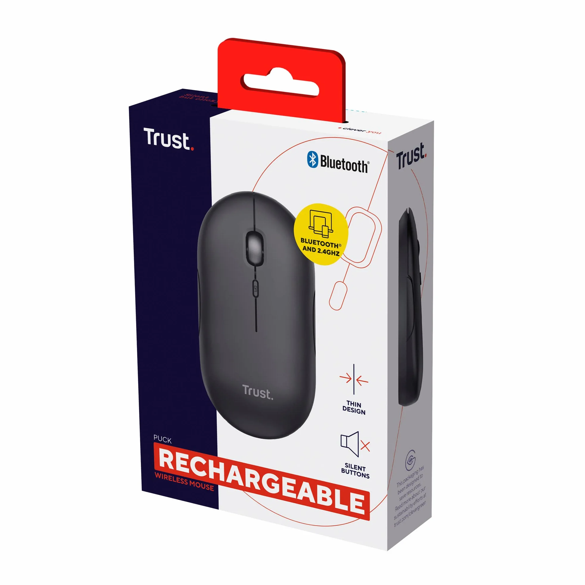Trust Puck bezprzewodowa mysz Bluetooth lub 2,4 GHz z miniodbiornikiem USB, akumulatorem, ciche kliknięcia, przycisk DPI, lekka mysz komputerowa do laptopa, PC, Mac, Chromebooka, czarna